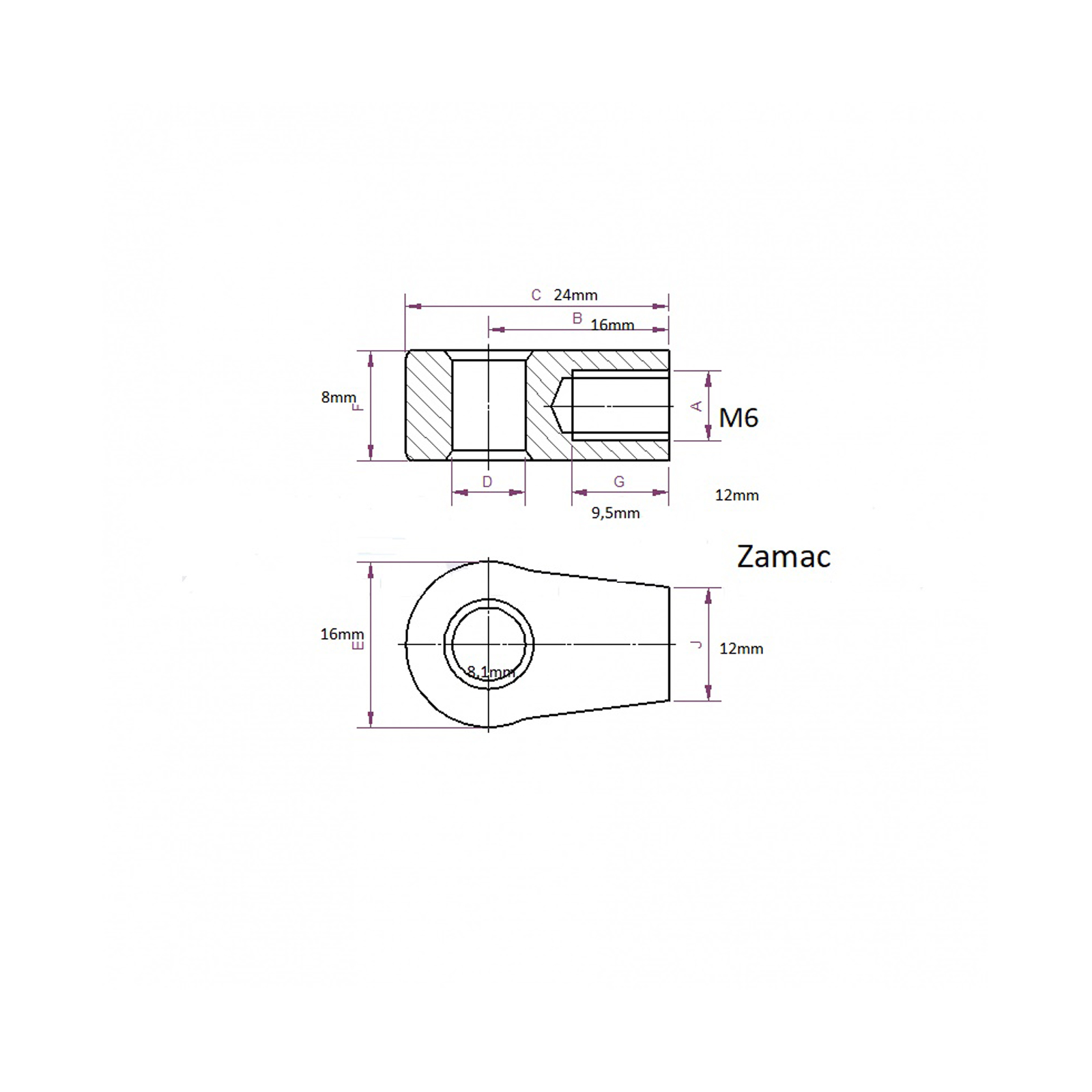 Oog M6, werkzame lengte: 16 mm