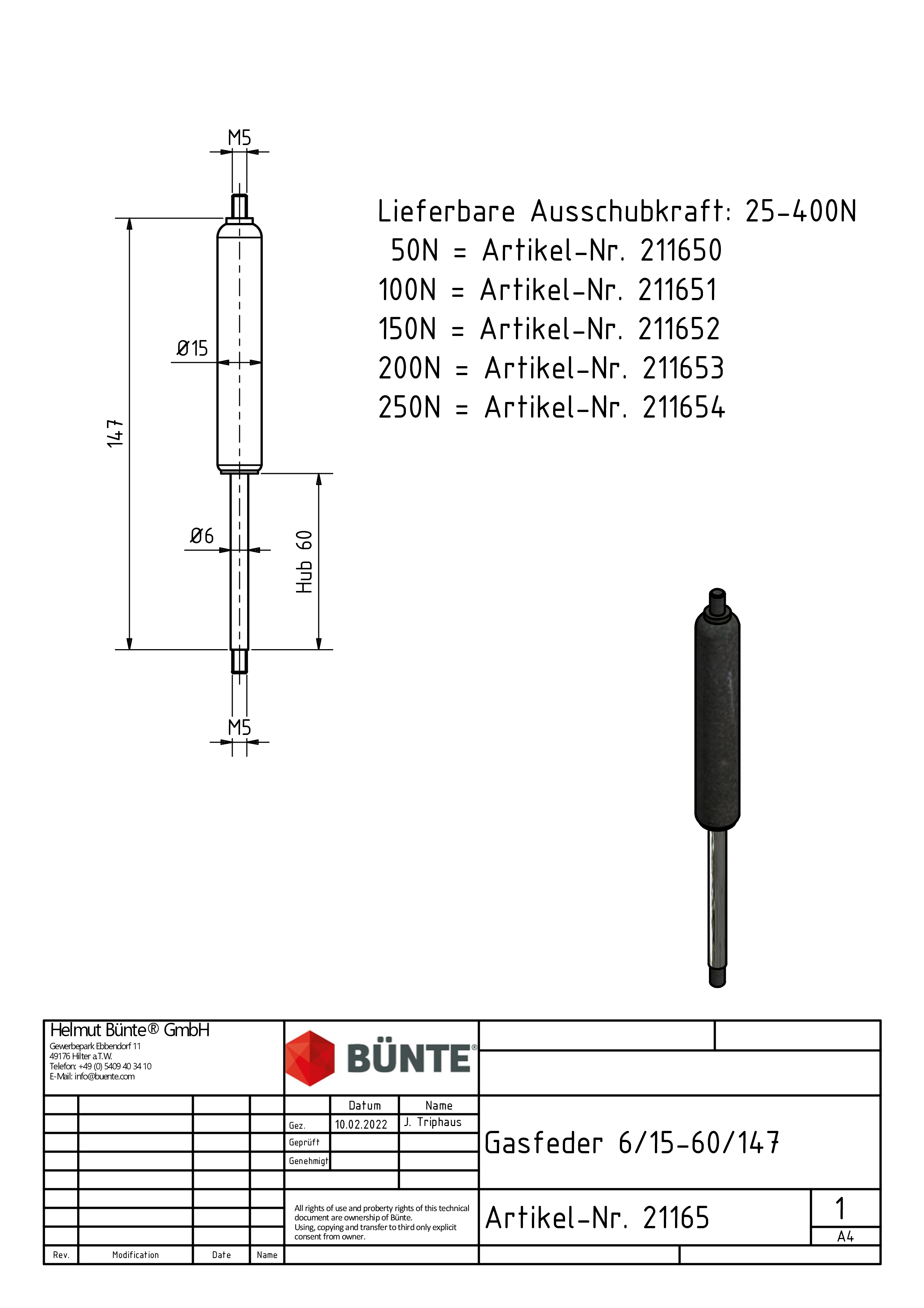 BÜNTE Gasfeder 6/15, 25-400 N, 147 mm, 60 mm Hub