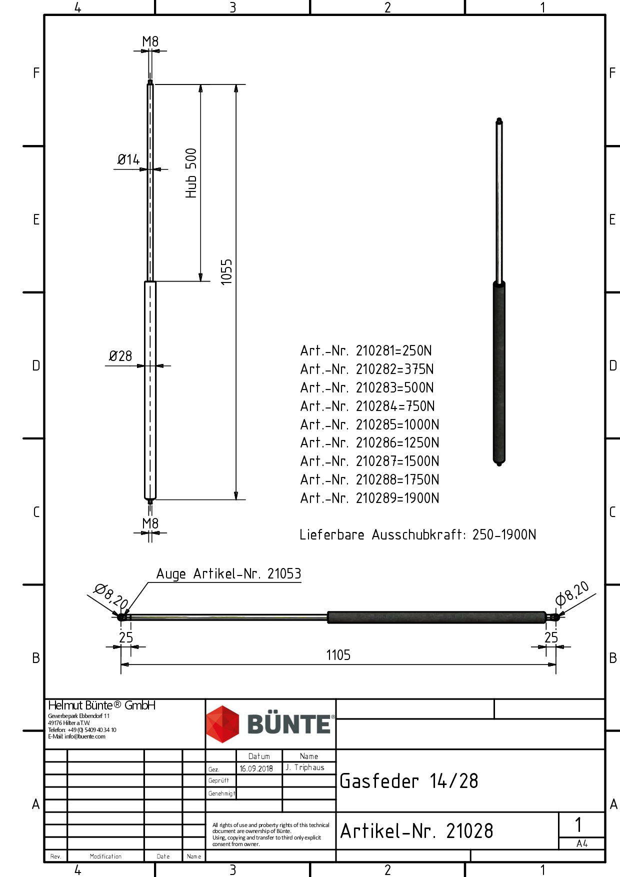 BÜNTE Gasfeder 14/28, 2000 N, 1055 mm, 500 mm Hub