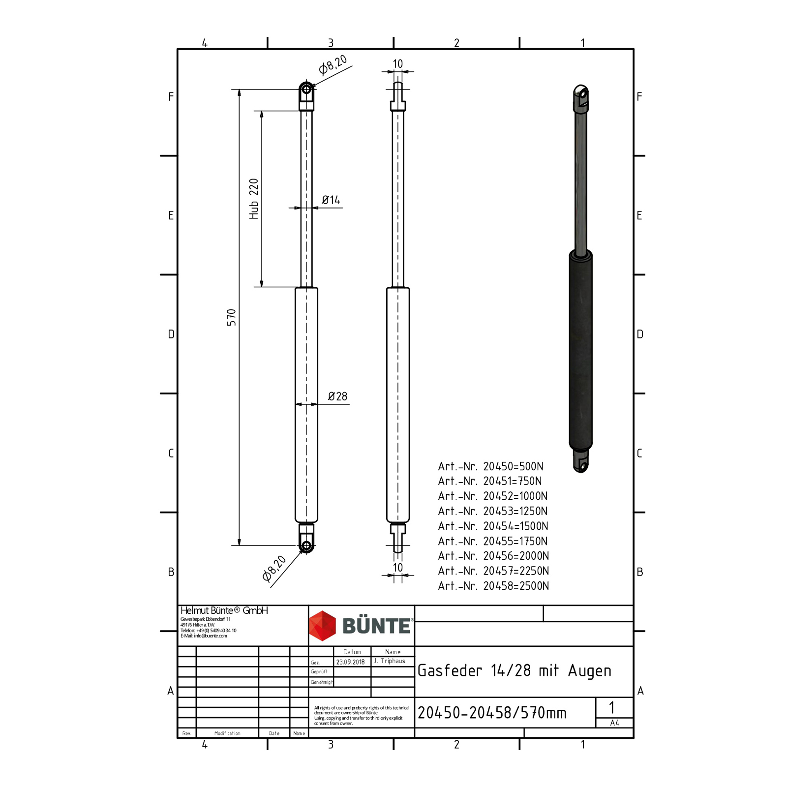 BÜNTE Gasfeder 14/28, 2000 N, 570 mm, 220 mm Hub