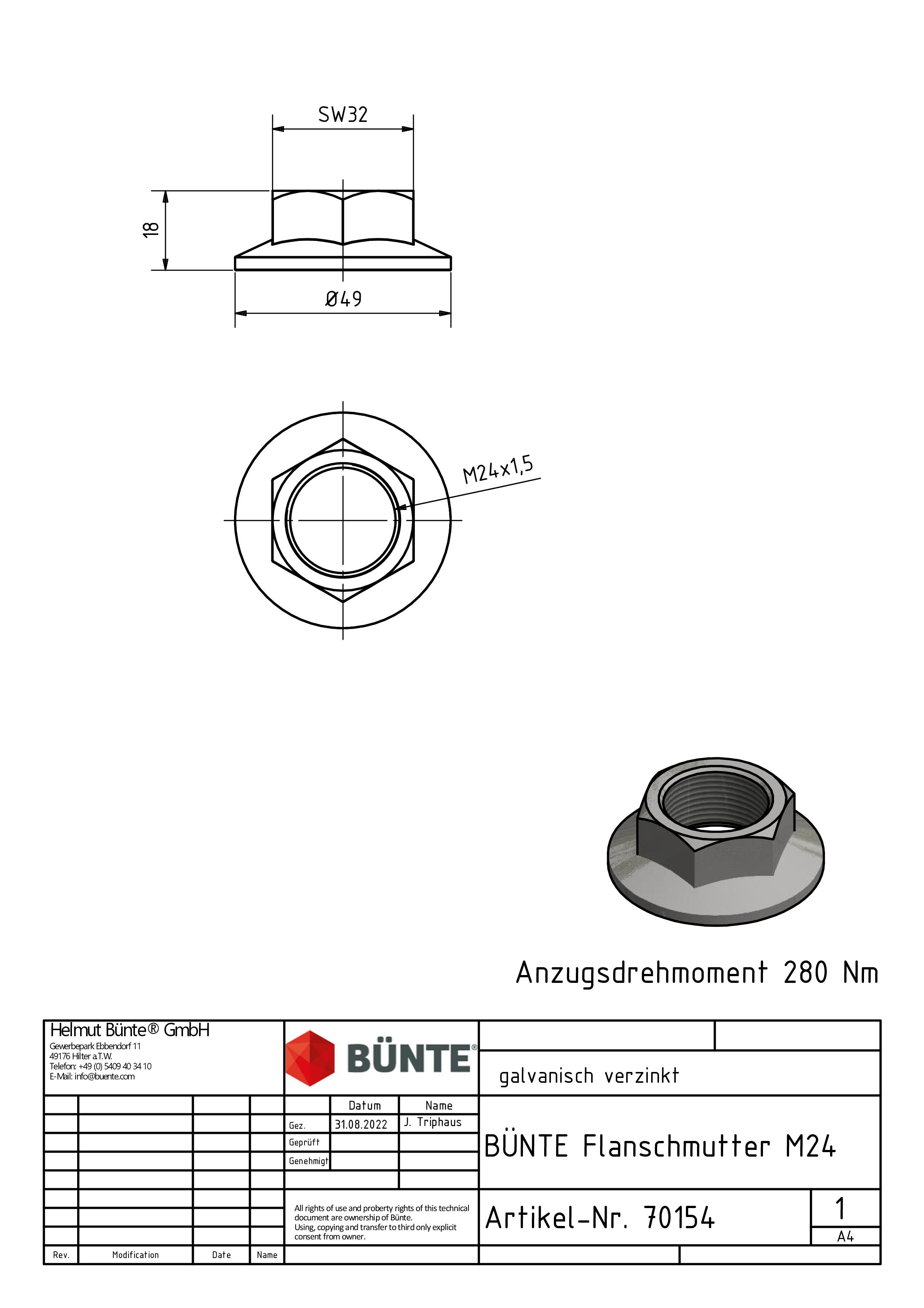 Flanschmutter, M24 x 1,5 mm, Ø 49 x 18 mm