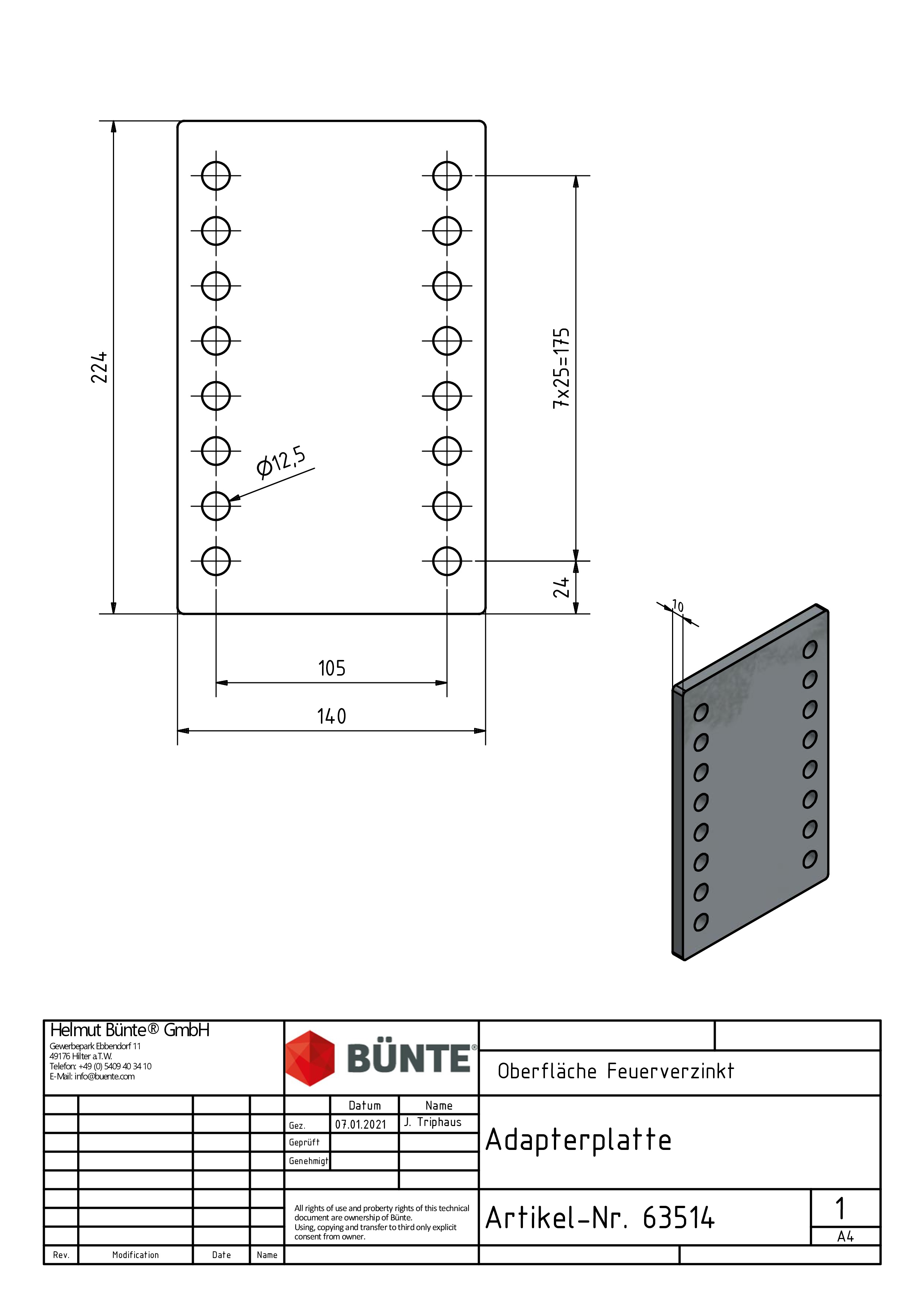 BÜNTE Adapterplatte, 224 x 140 x 10 mm