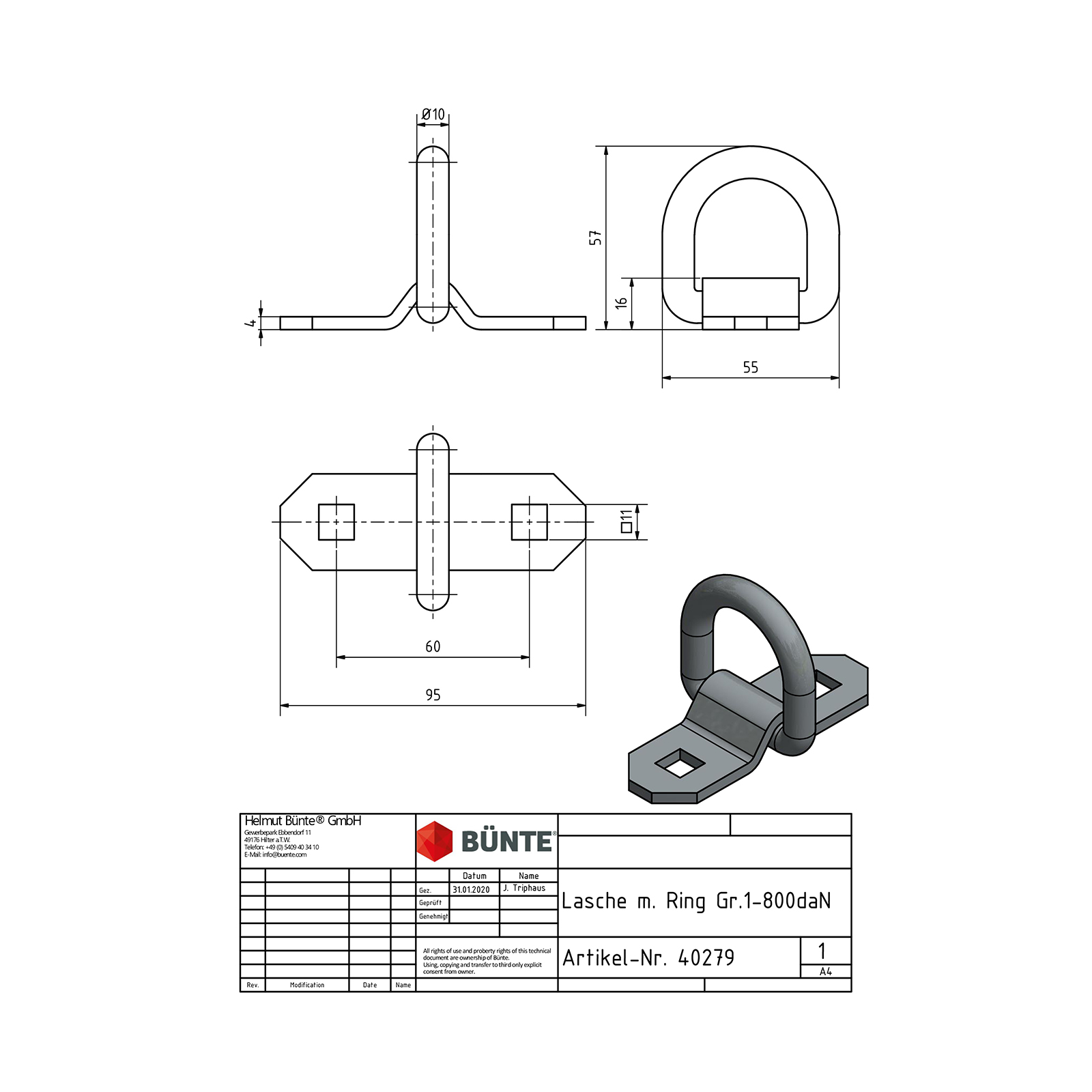 Lasche u. Ring, 30 x 95 mm, Lochabstand 60 mm