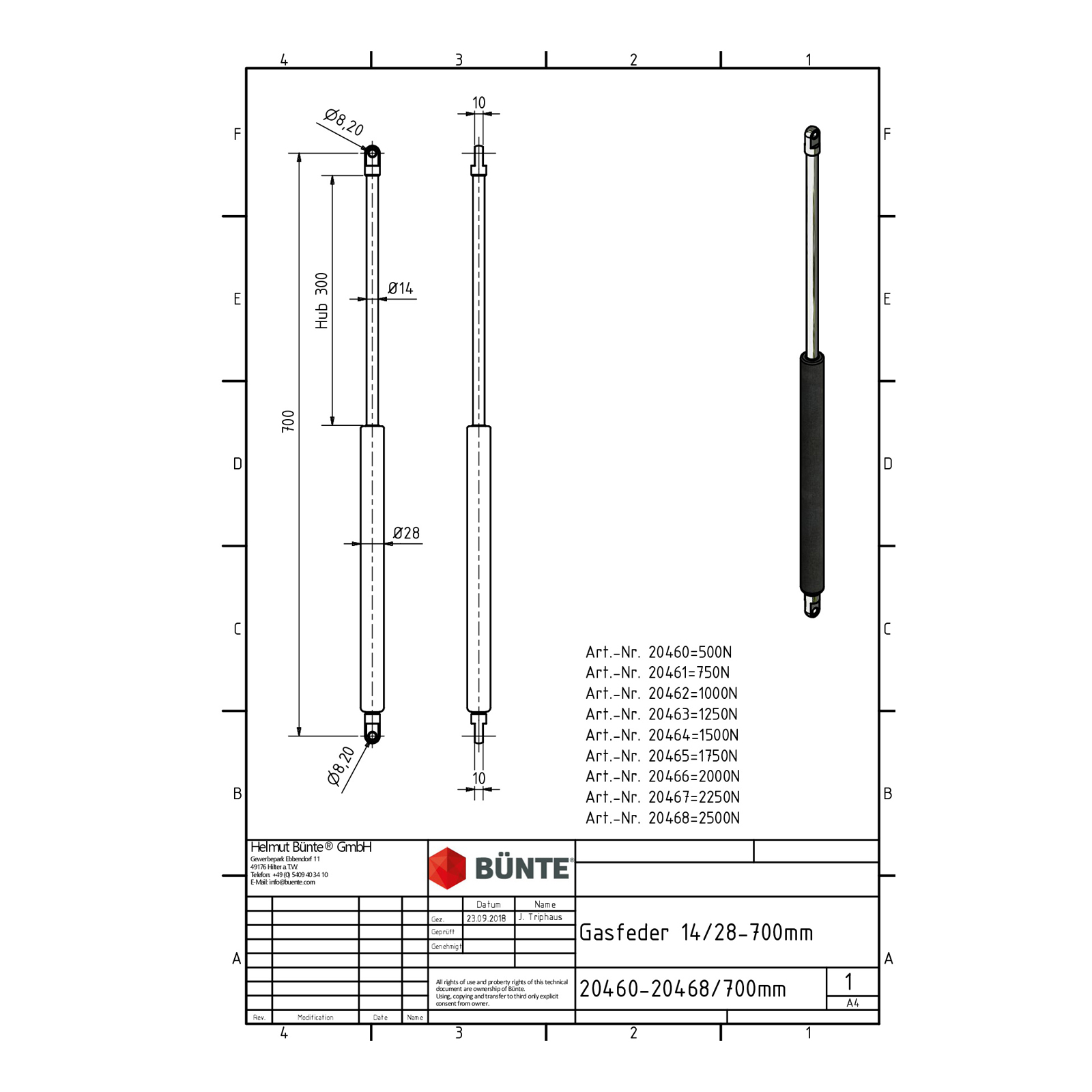 BÜNTE Gasfeder 14/28, 1250 N, 700 mm, 300 mm Hub