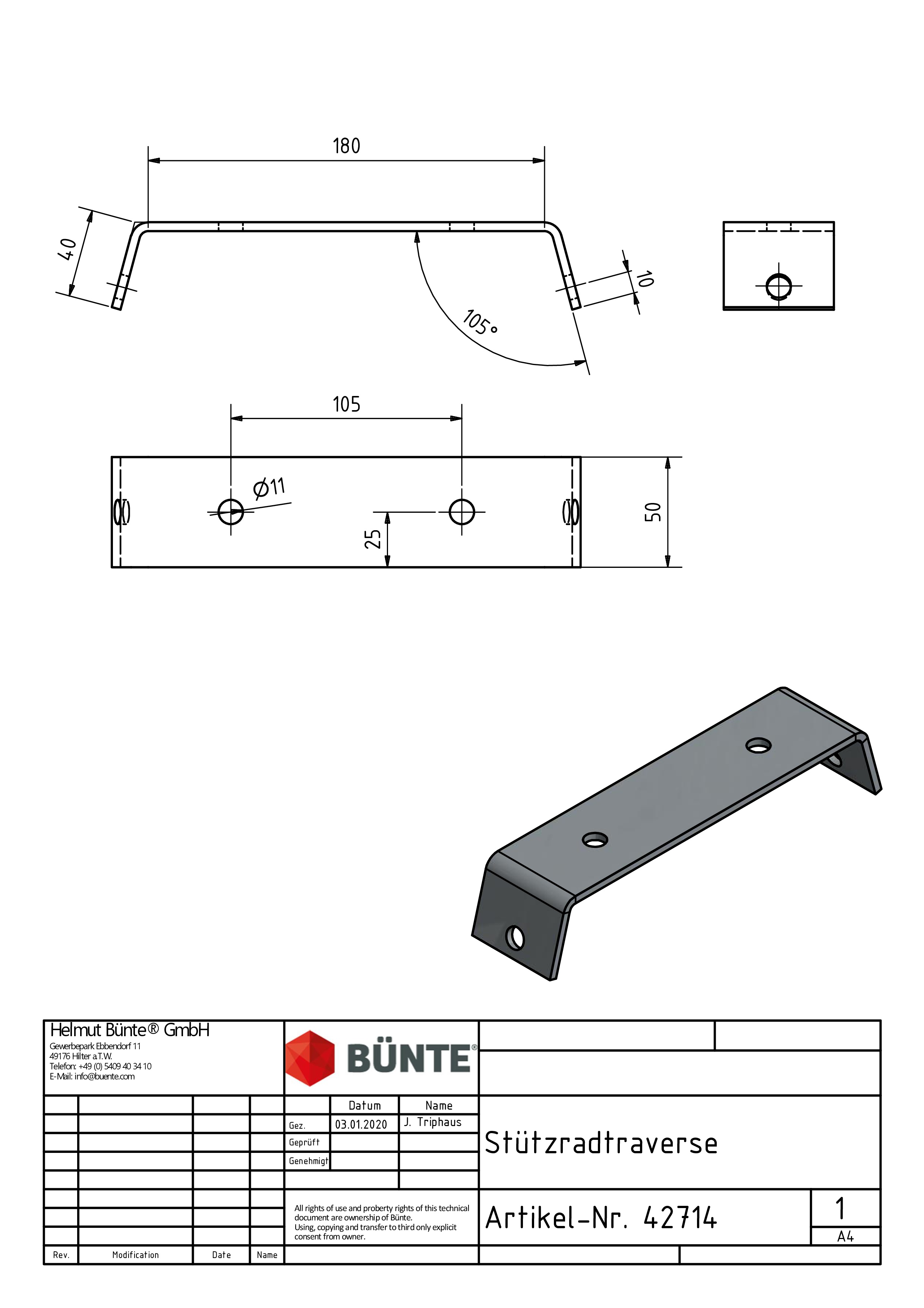 Traverse, f. Klemmhalter, Lochabstand 105 mm