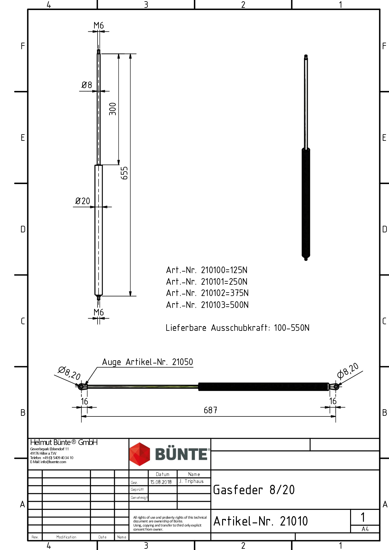 BÜNTE Gasfeder 8/19, 375 N, 655 mm, 300 mm Hub