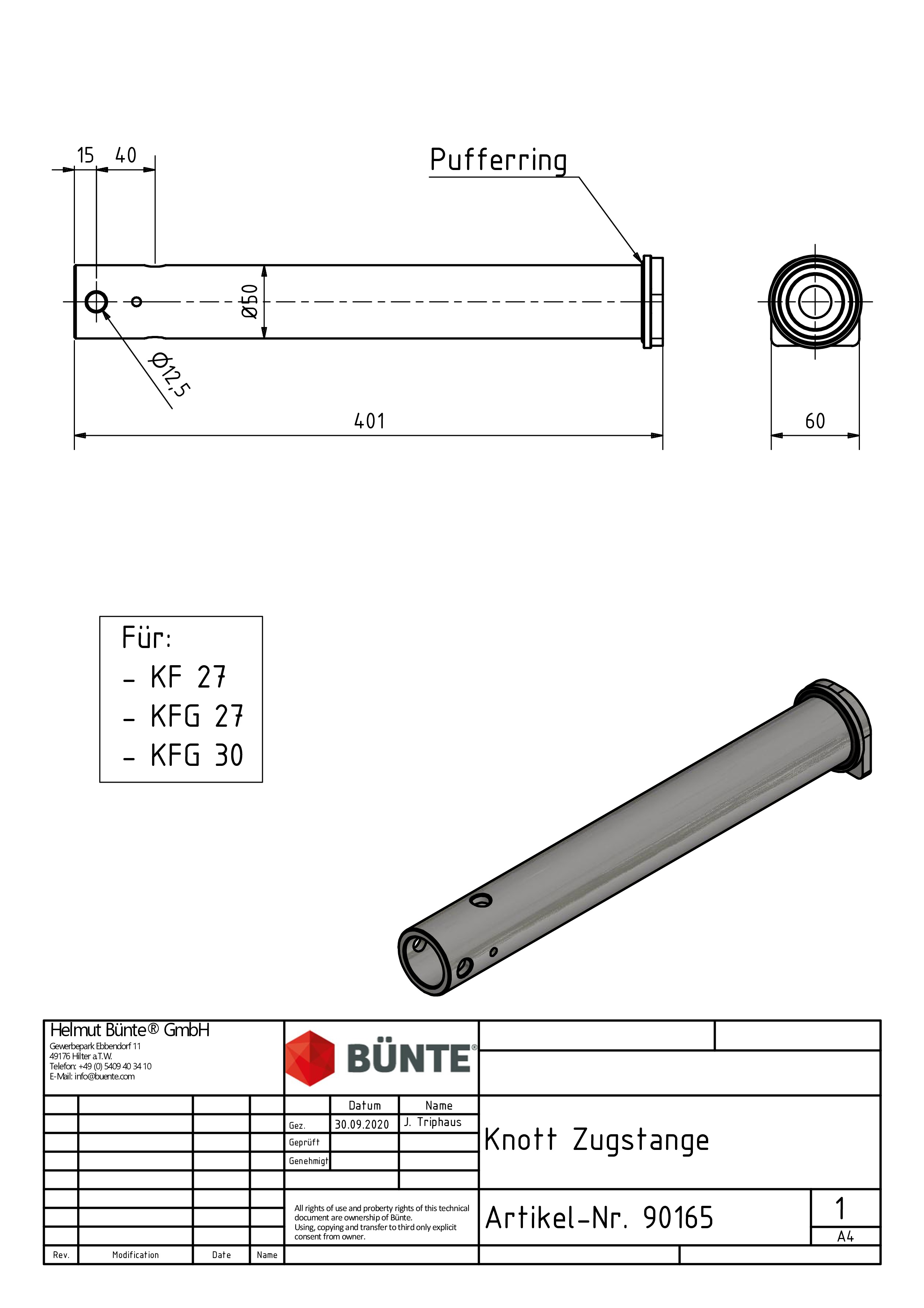 KNOTT Zugstange, f. KF/KFG27, Ø 50 x 401 mm