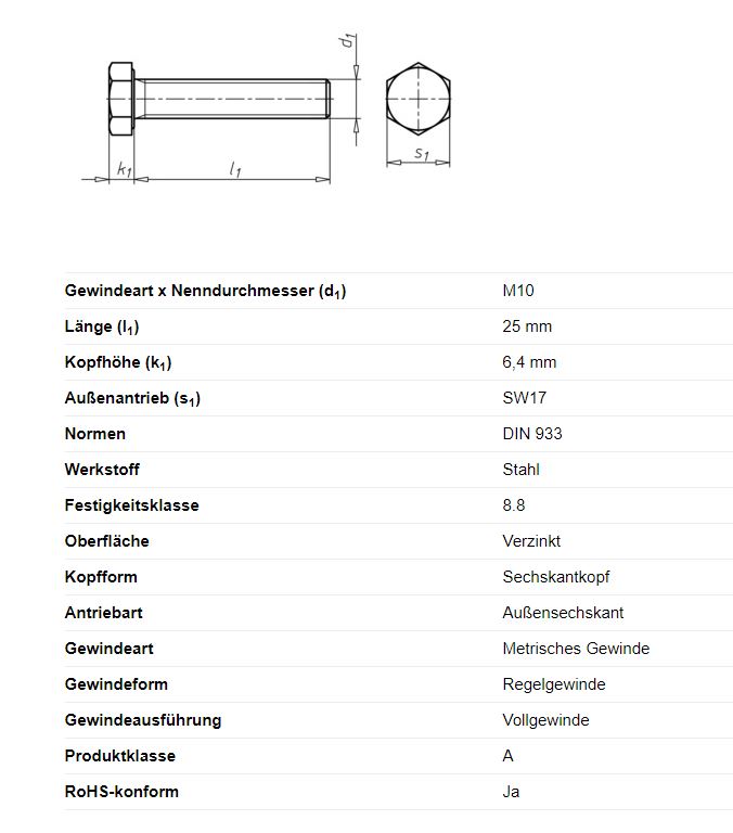 Sechskantschraube, M10 x 25 mm, Schlüsselweite 17