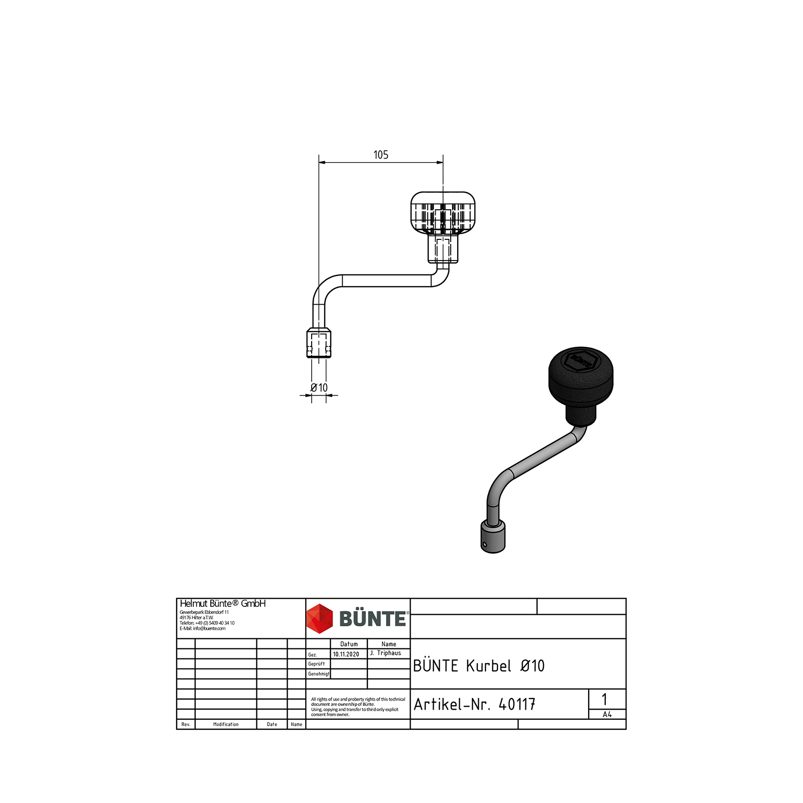 BÜNTE Crank, Ø 10 mm, 105 mm length