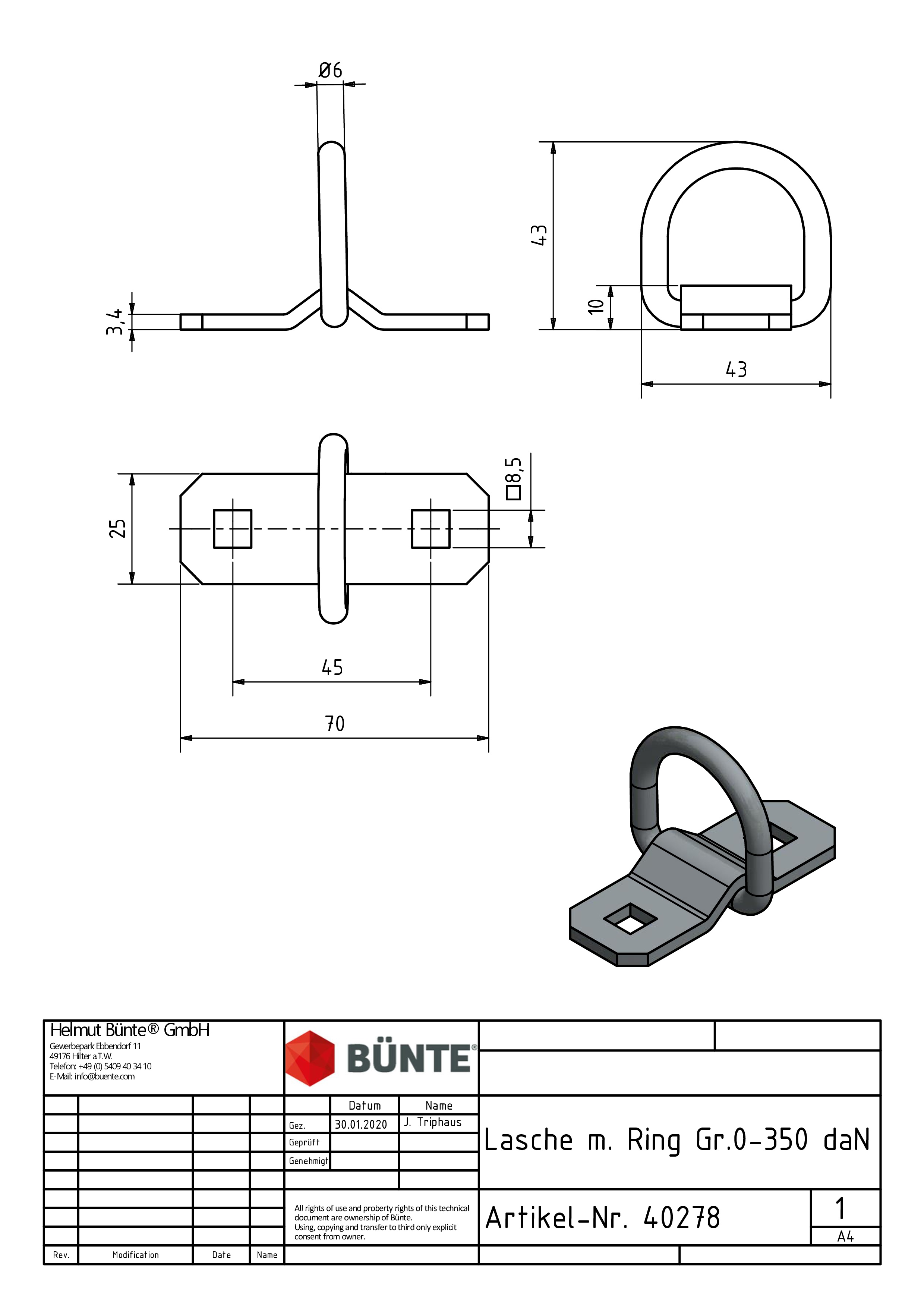 Vloeranker met beugel, 25 x 70 mm