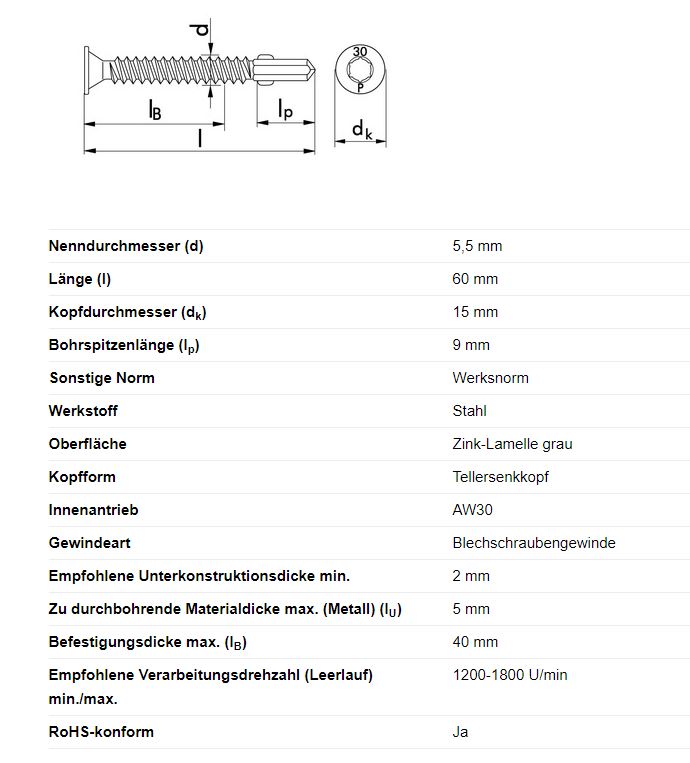 Zelfborende schroef, 5,5 x 60 mm, TORX AW30