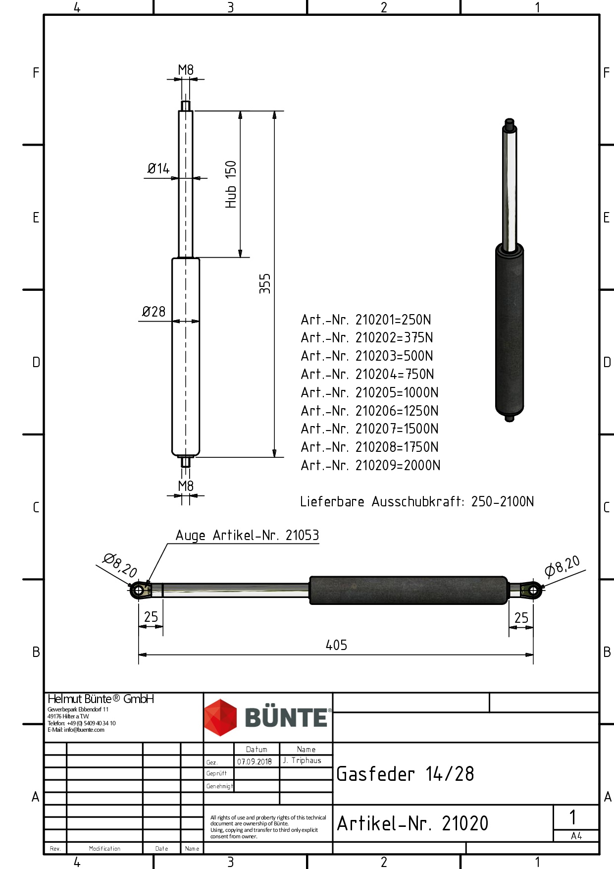 BÜNTE Gasfeder 14/28, 1500 N, 355 mm, 150 mm Hub