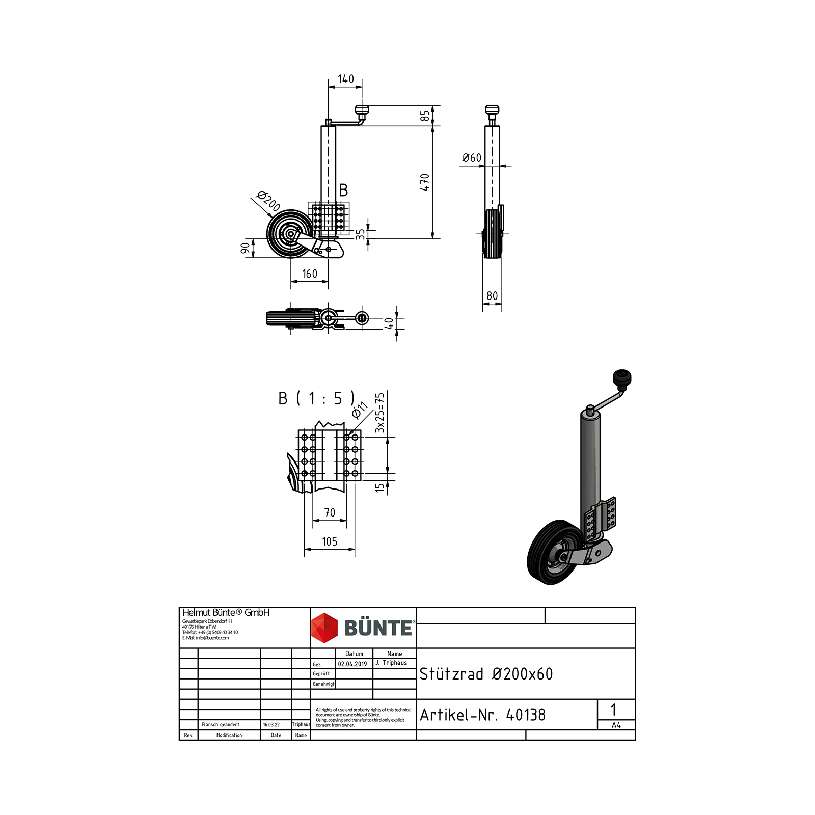 BÜNTE Jockey Wheel, Ø 60 mm, 200 x 60mm, automatic