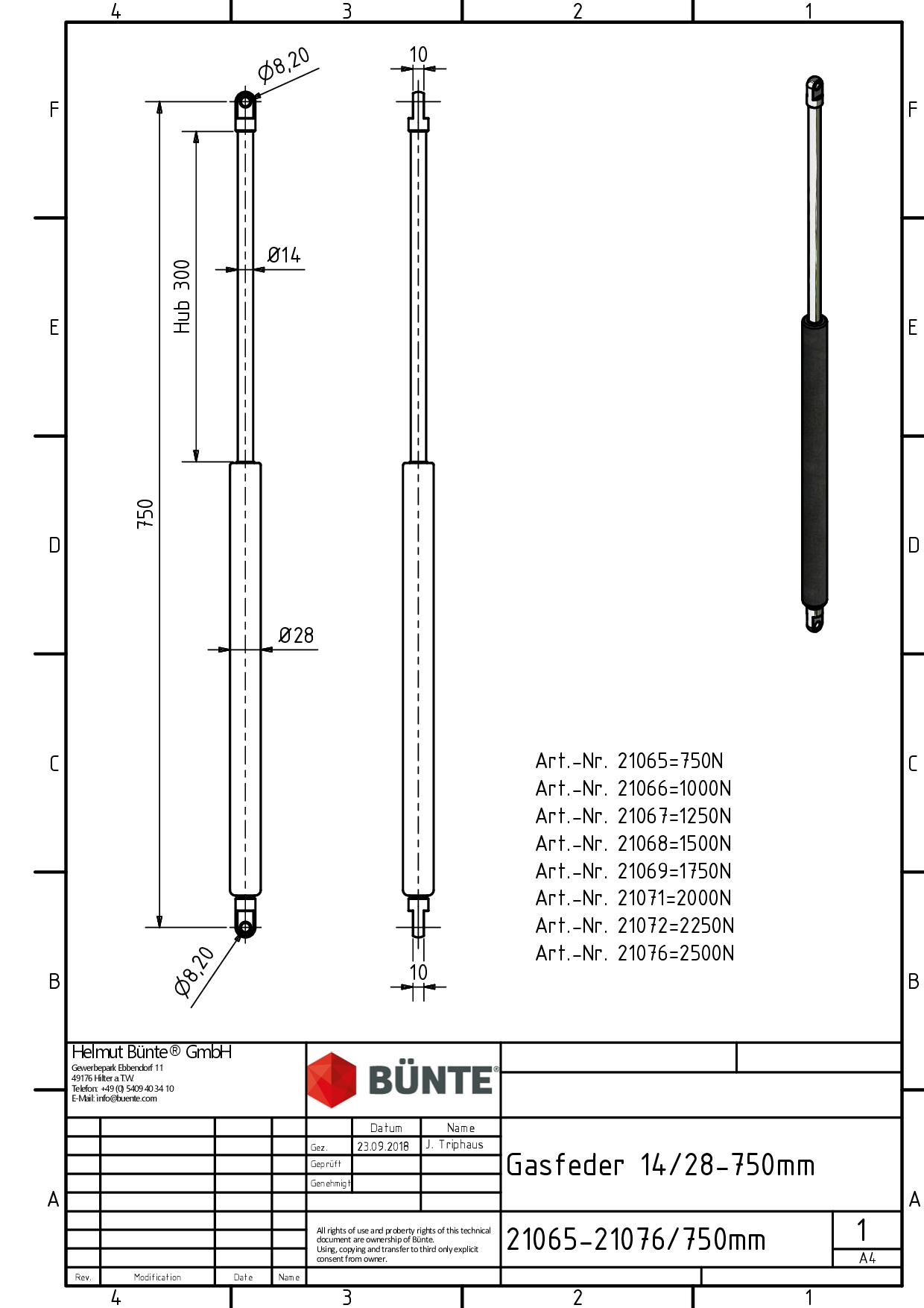 BÜNTE Gasfeder 14/28, 1500 N, 750 mm, 300 mm Hub