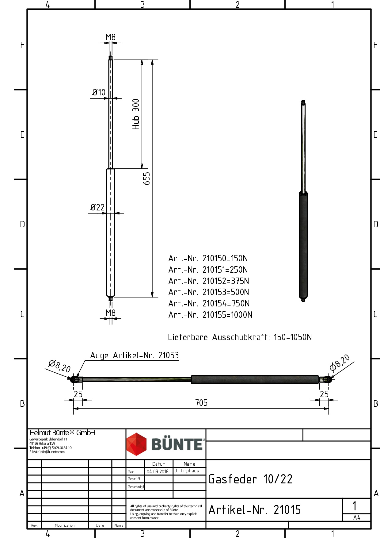 BÜNTE Gasfeder 10/22, 1000 N, 655 mm, 300 mm Hub