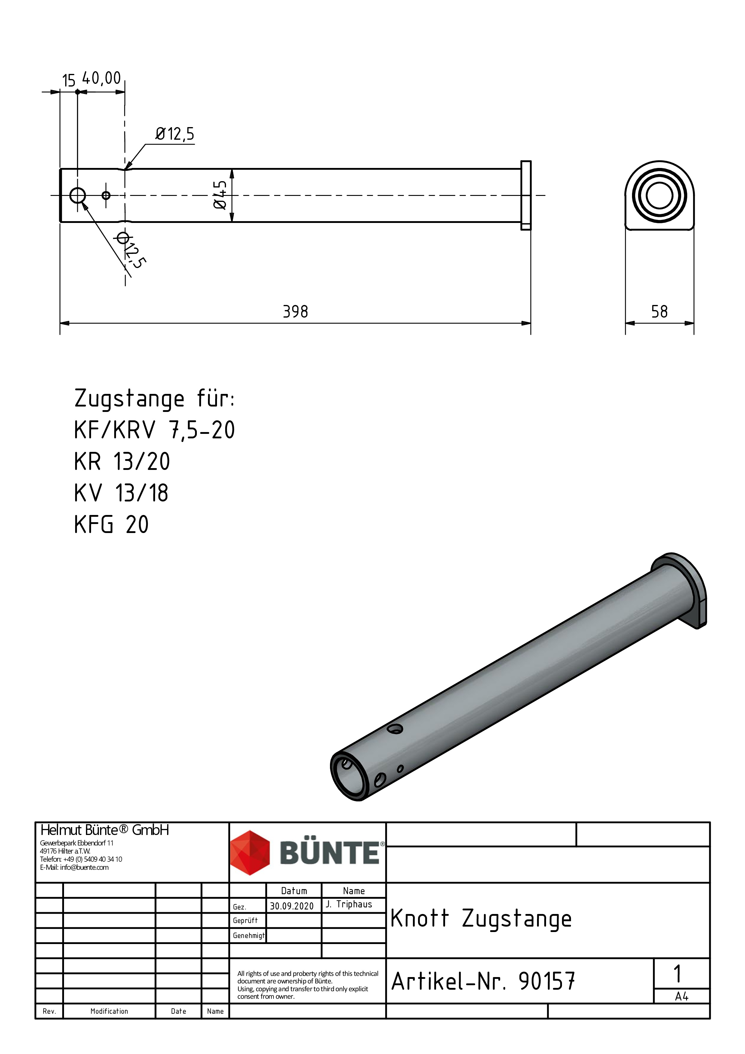 KNOTT Trekstang, voor KF/KRV 7,5 - 20, KR 13/20, K