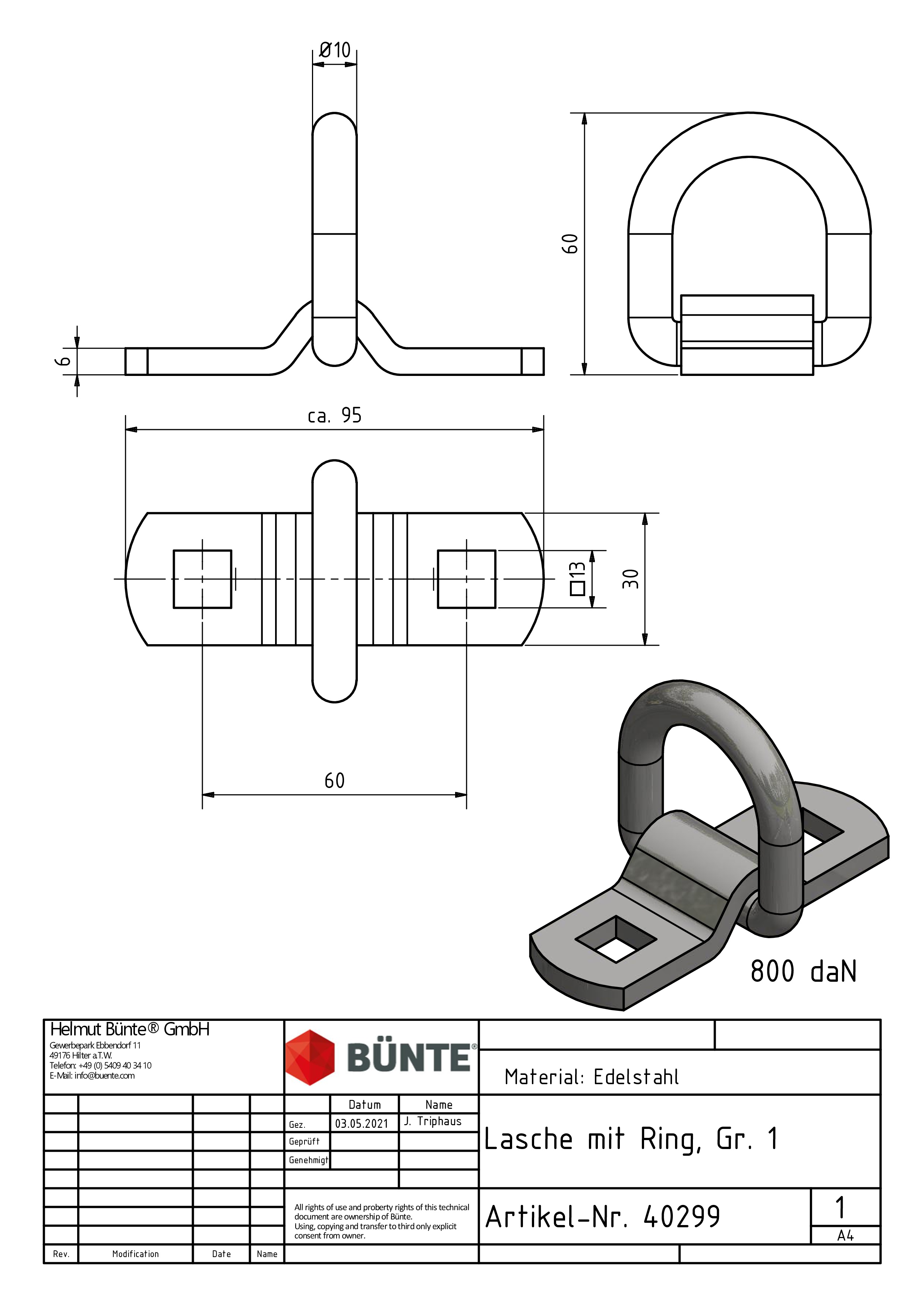 Vloeranker met ring, 30 x 95 mm, RVS