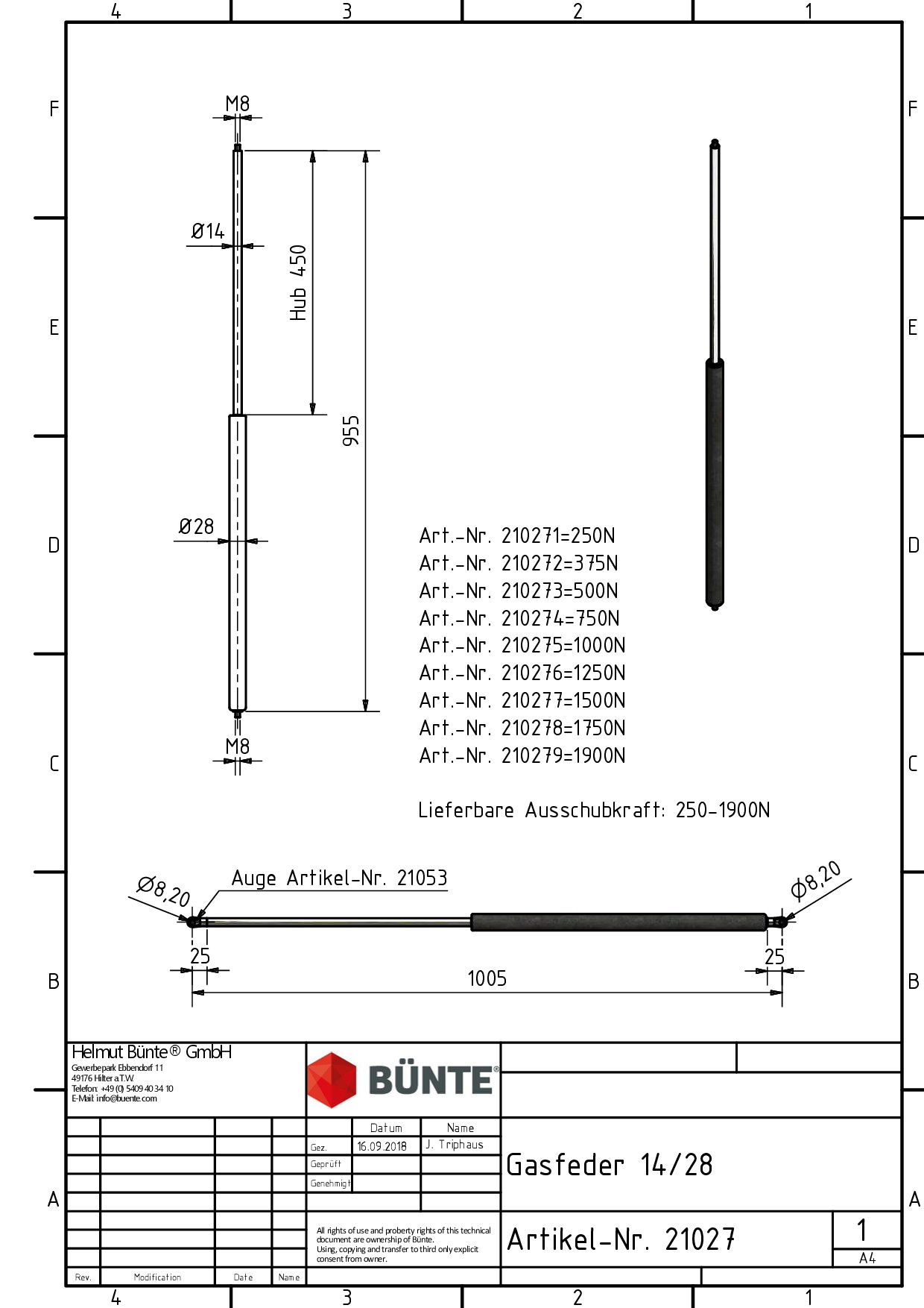 BÜNTE Gasfeder 14/28, 1750 N, 955 mm, 450 mm Hub