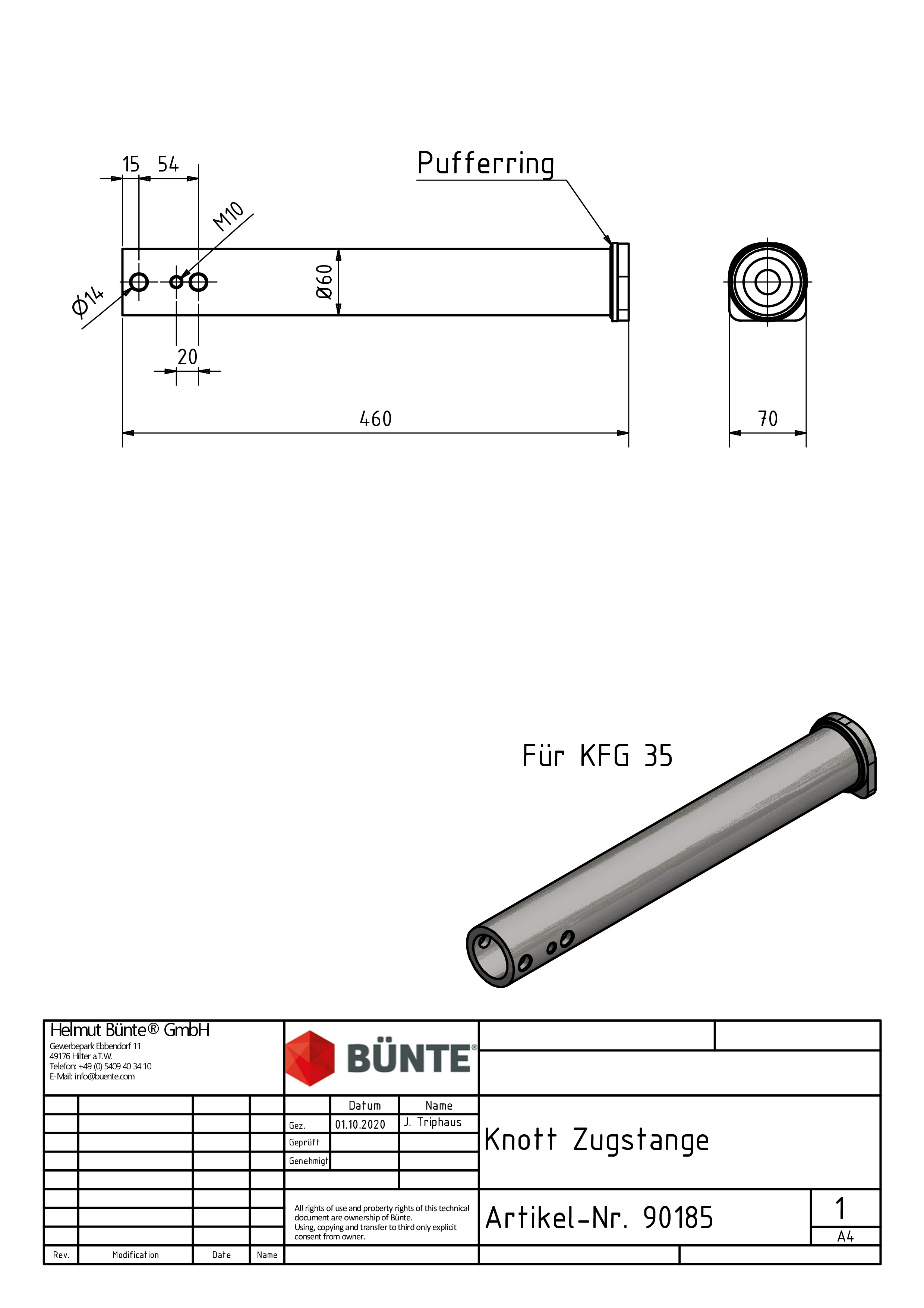 KNOTT Zugstange, f. KFG/KR35, Ø 60 x 460 mm