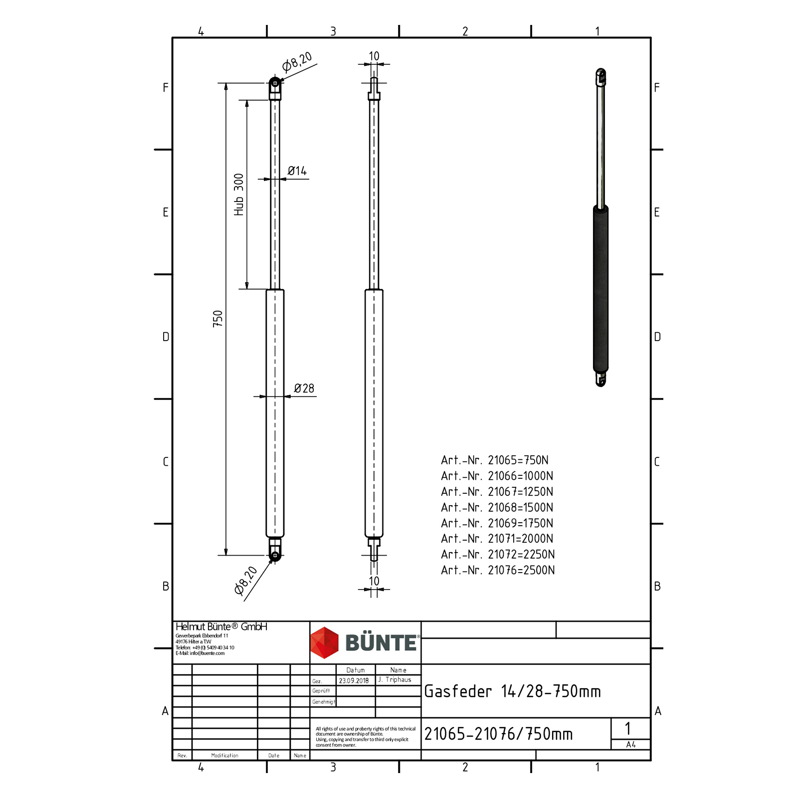 BÜNTE Gasfeder 14/28,1000 N,750mm,300mm Hub