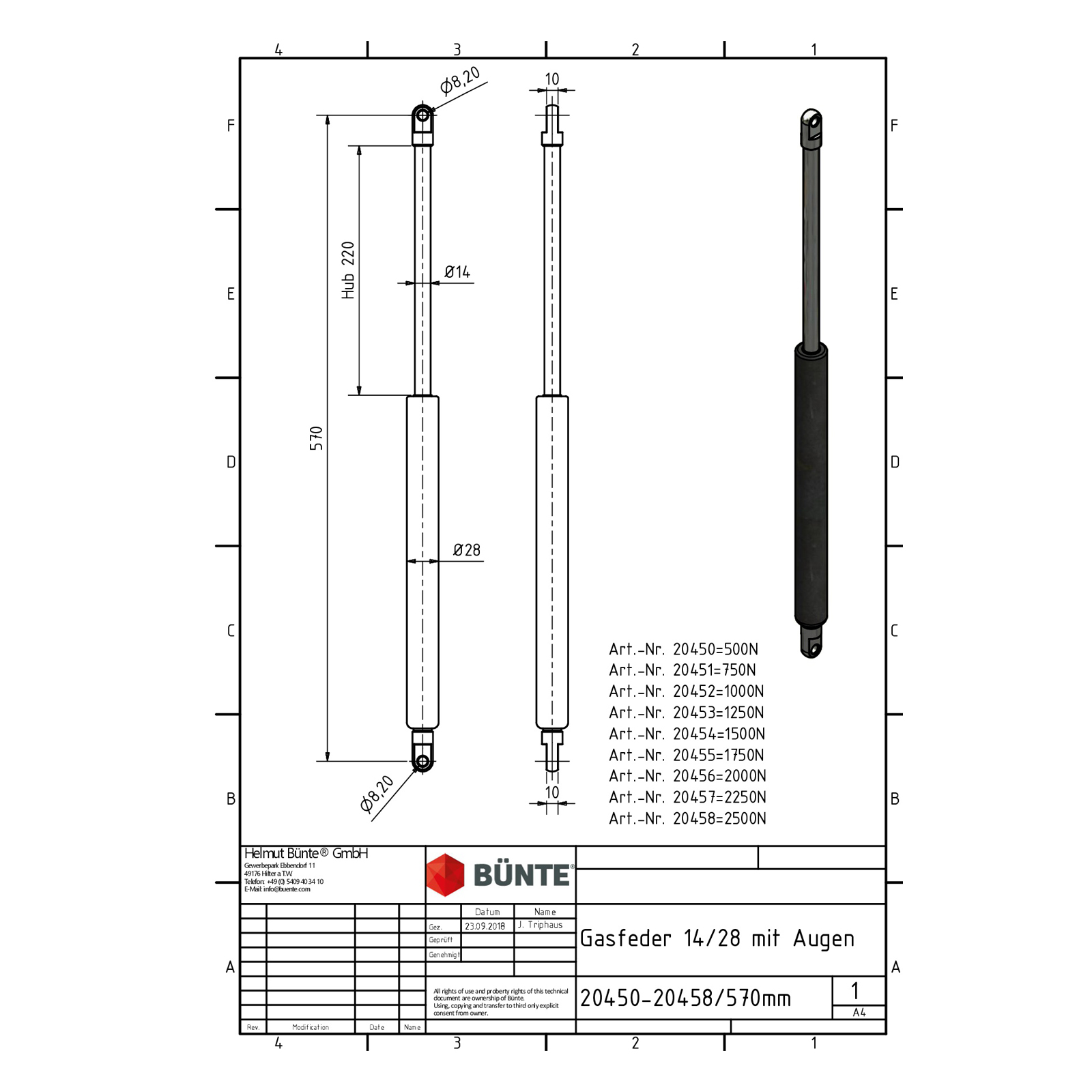 BÜNTE Gasfeder 14/28, 1000 N, 570 mm, 220 mm Hub