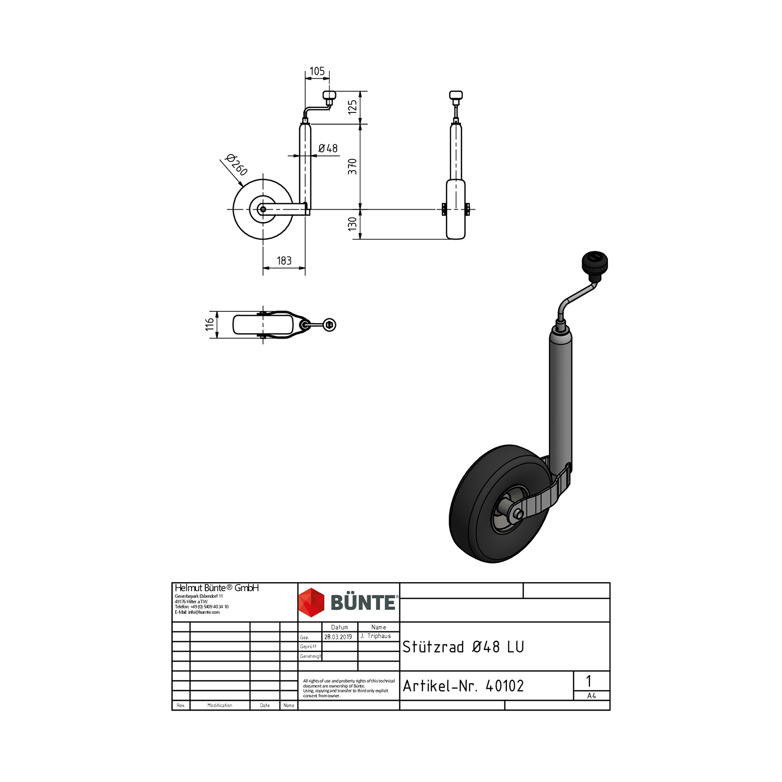 WINTERHOFF Stützrad, Ø 48 mm, Ø 260 x 85 mm Luftr.