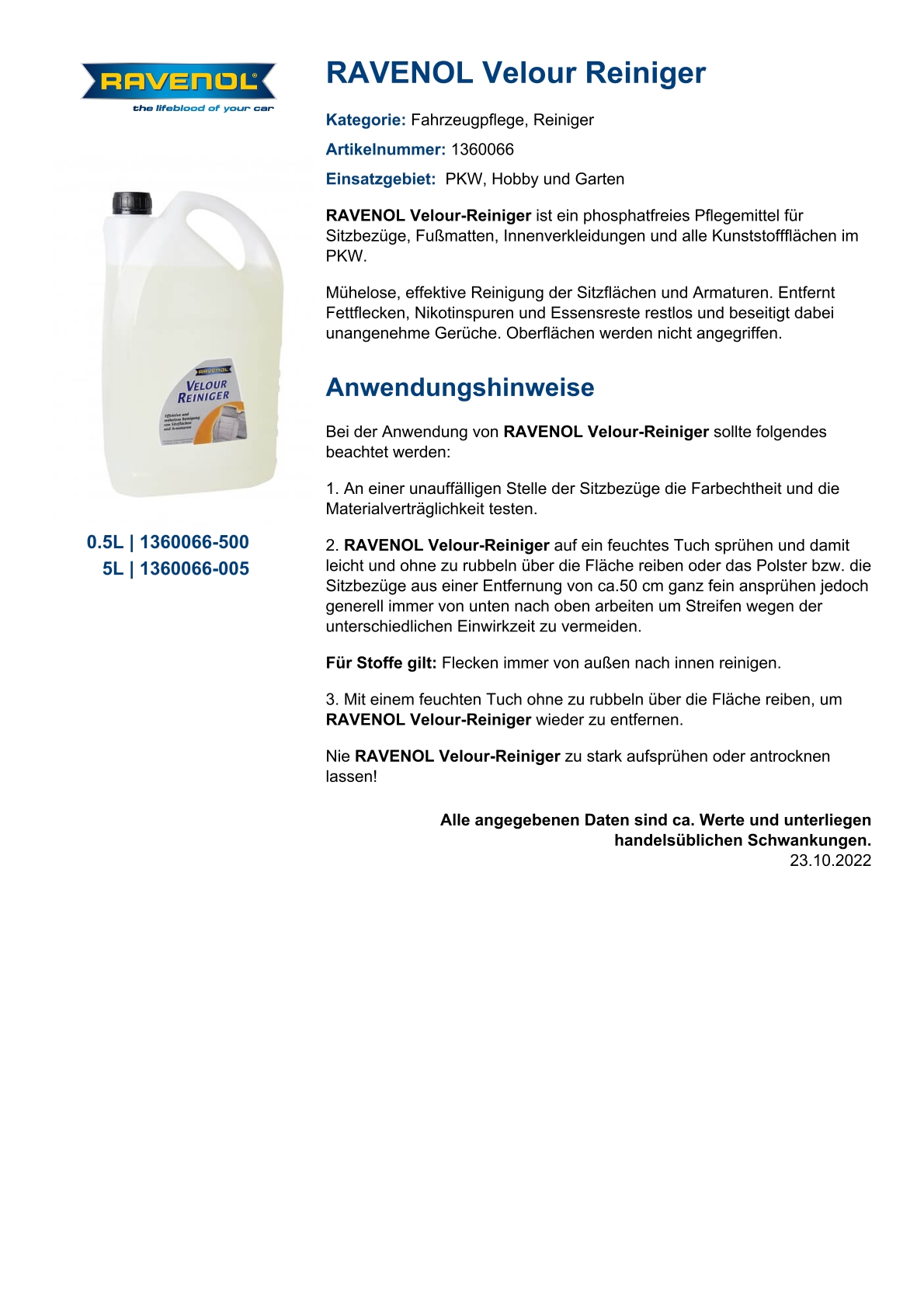 RAVENOL Velour-Reiniger, 500 ml Sprayflasche