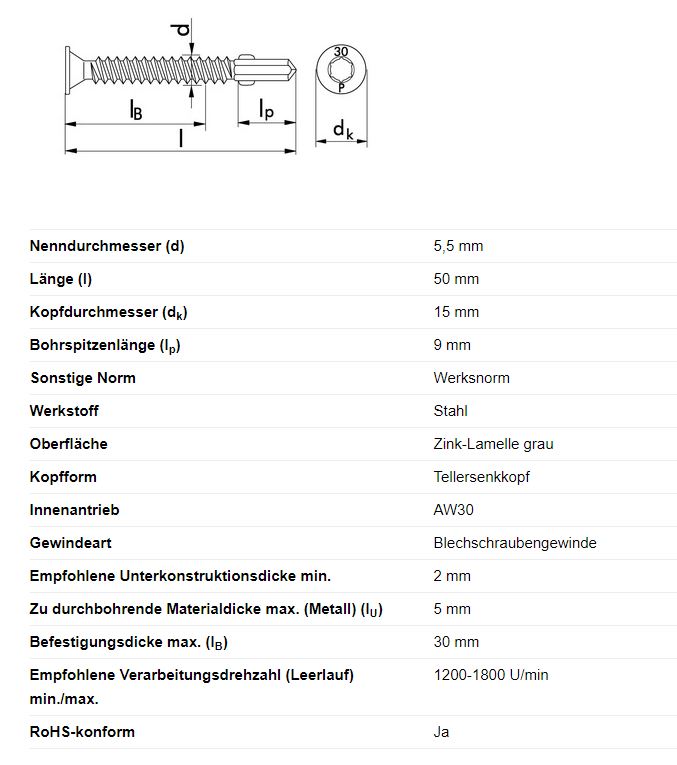 Flügelbohrschraube m. Senkkopf AW30, Ø 5,5 x 50 mm