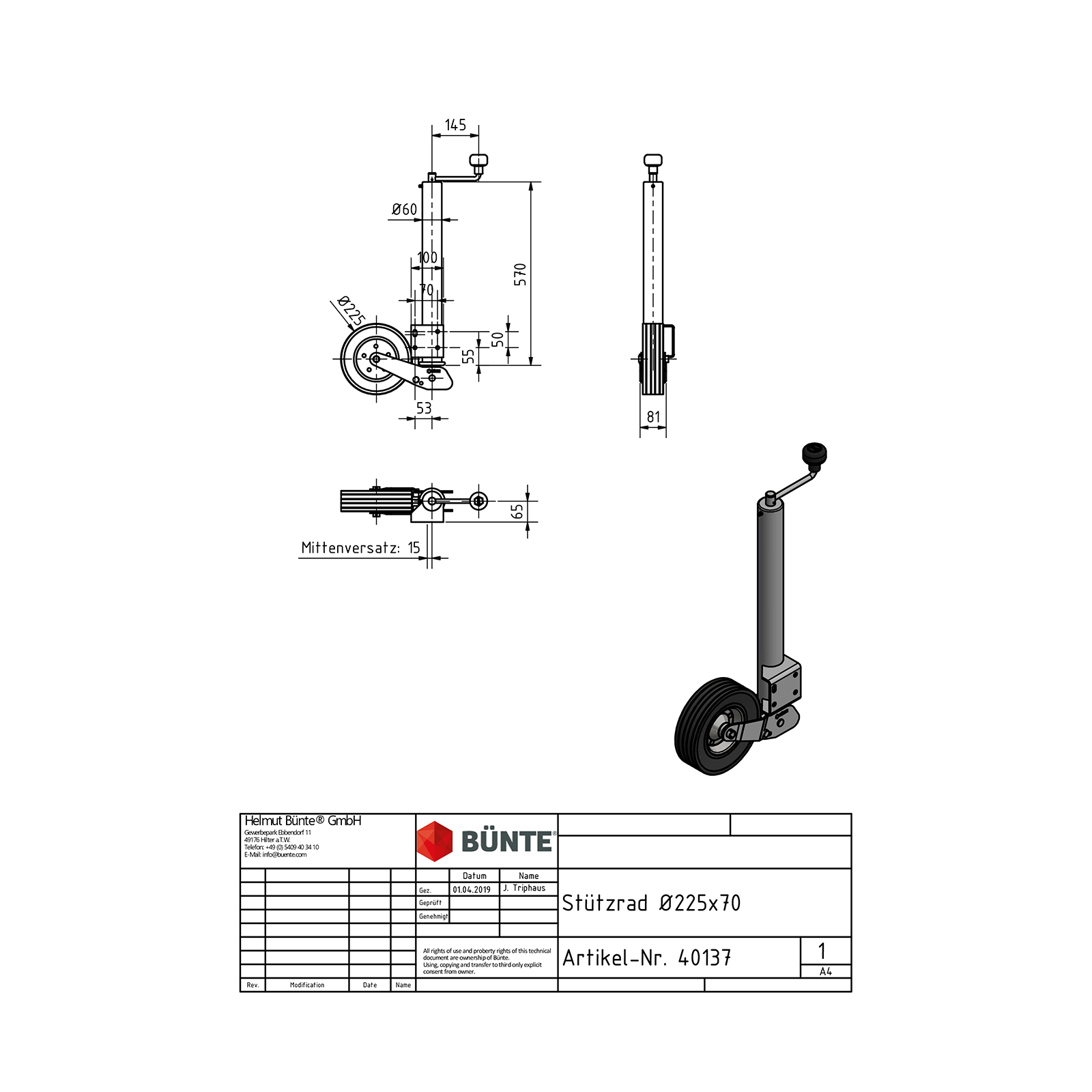 WINTERHOFF Stützrad, Ø 60 mm, automatisch klappbar