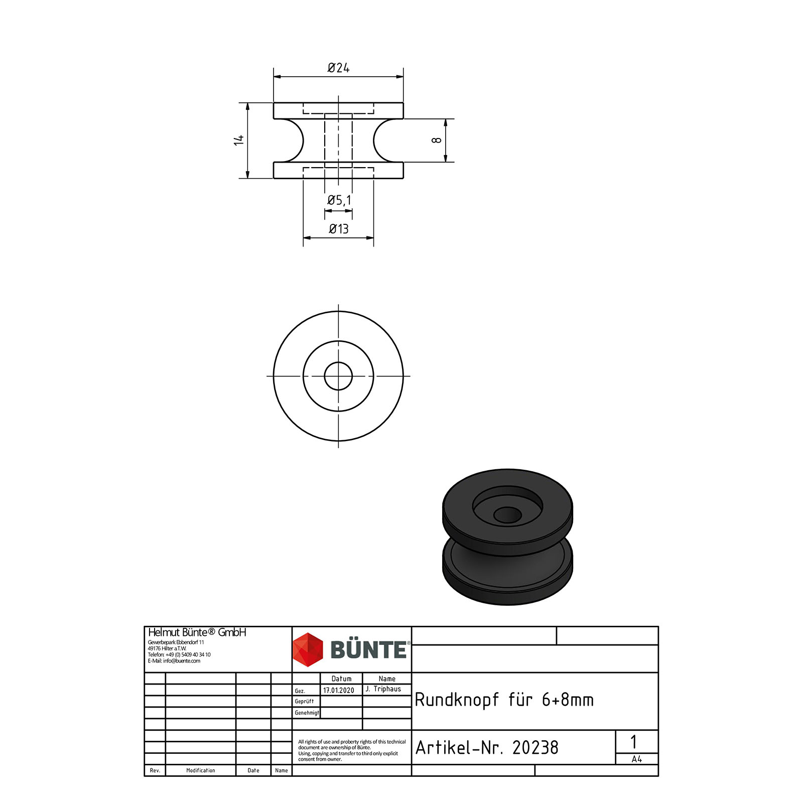 Rondknop voor ⌀ 6/8 mm touw, zwart