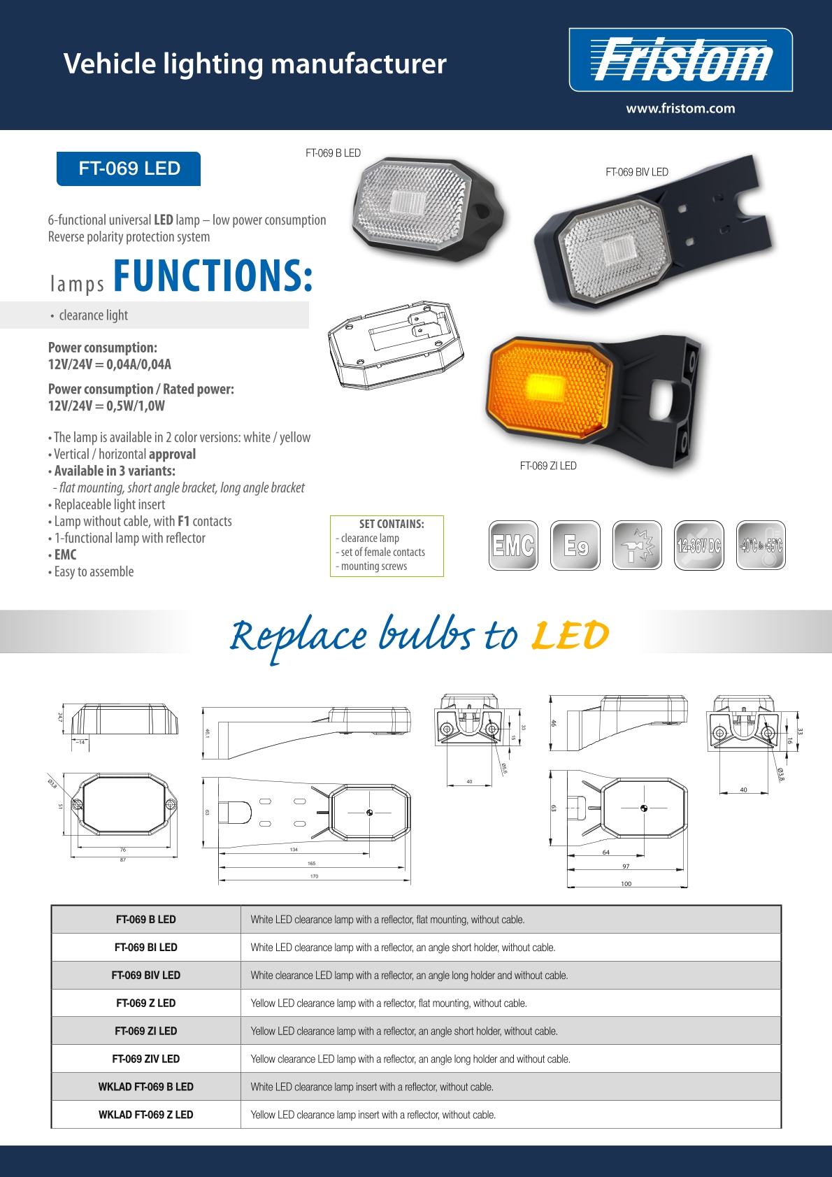 FRISTOM FT-069 LED, wit, met reflector/houder kort