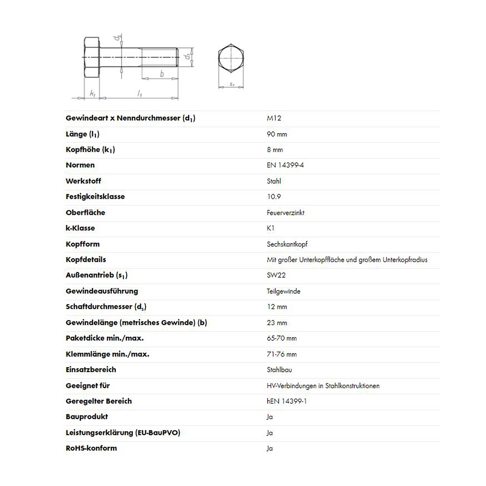 Sechskantschraube m. Schaft HV, M12 x 90 mm, SW 22