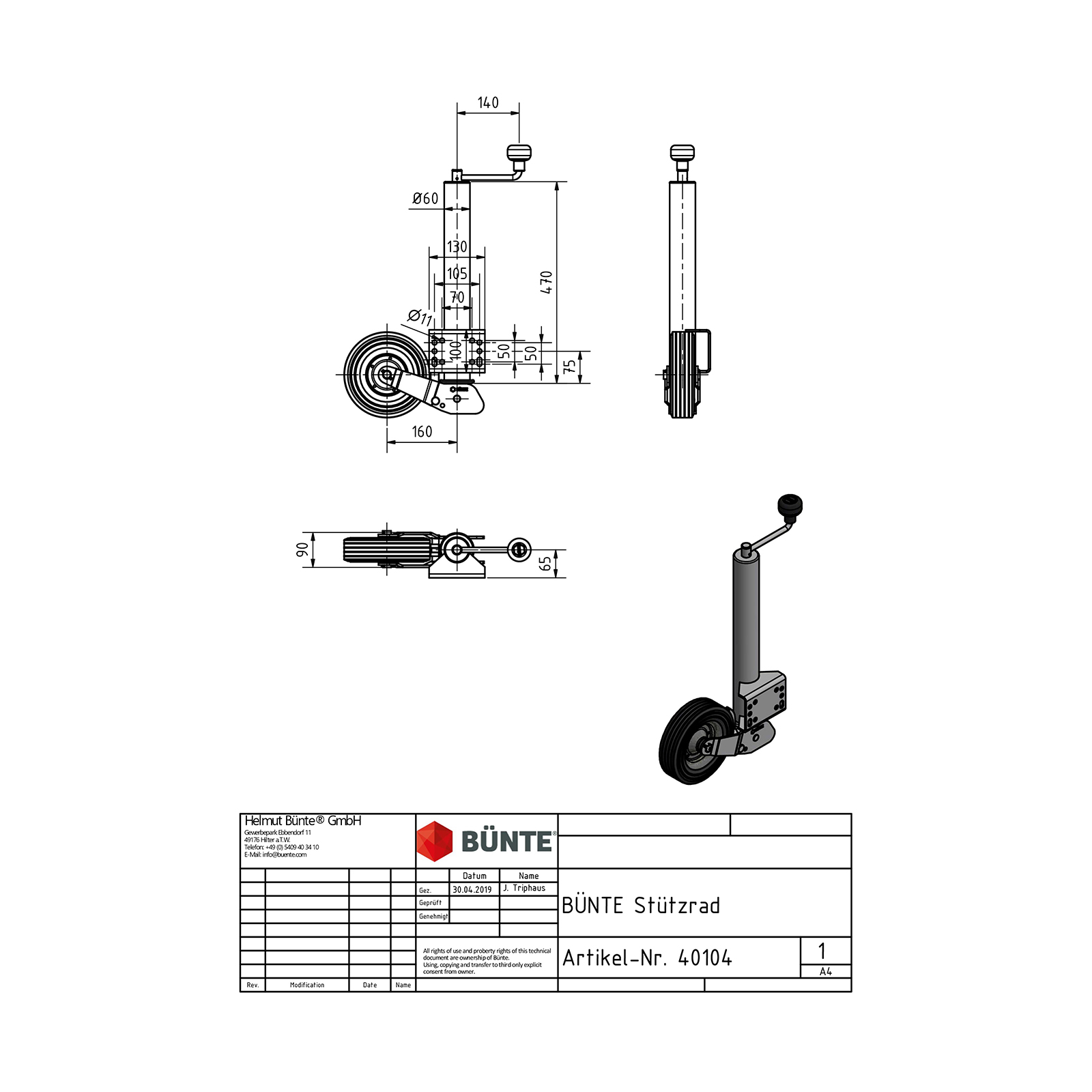 BÜNTE Stützrad, Ø 60 mm, automatisch klappbar