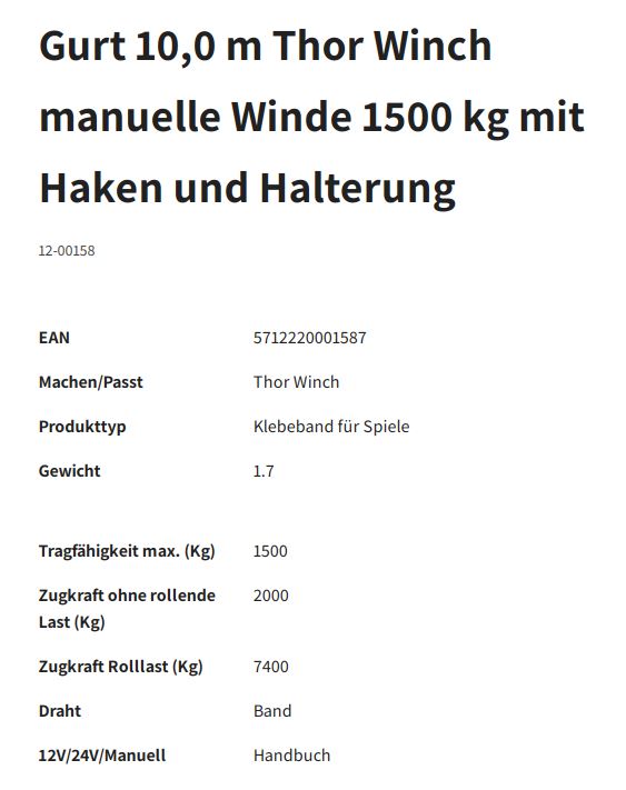 THOR WINCH Gurtband, 10 m, m. Haken/Halterung