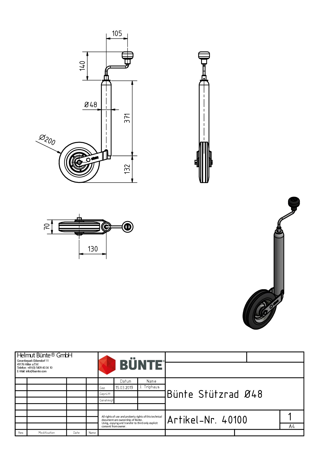 BÜNTE Stützrad, Ø 48 mm, Ø 200 x 50 mm