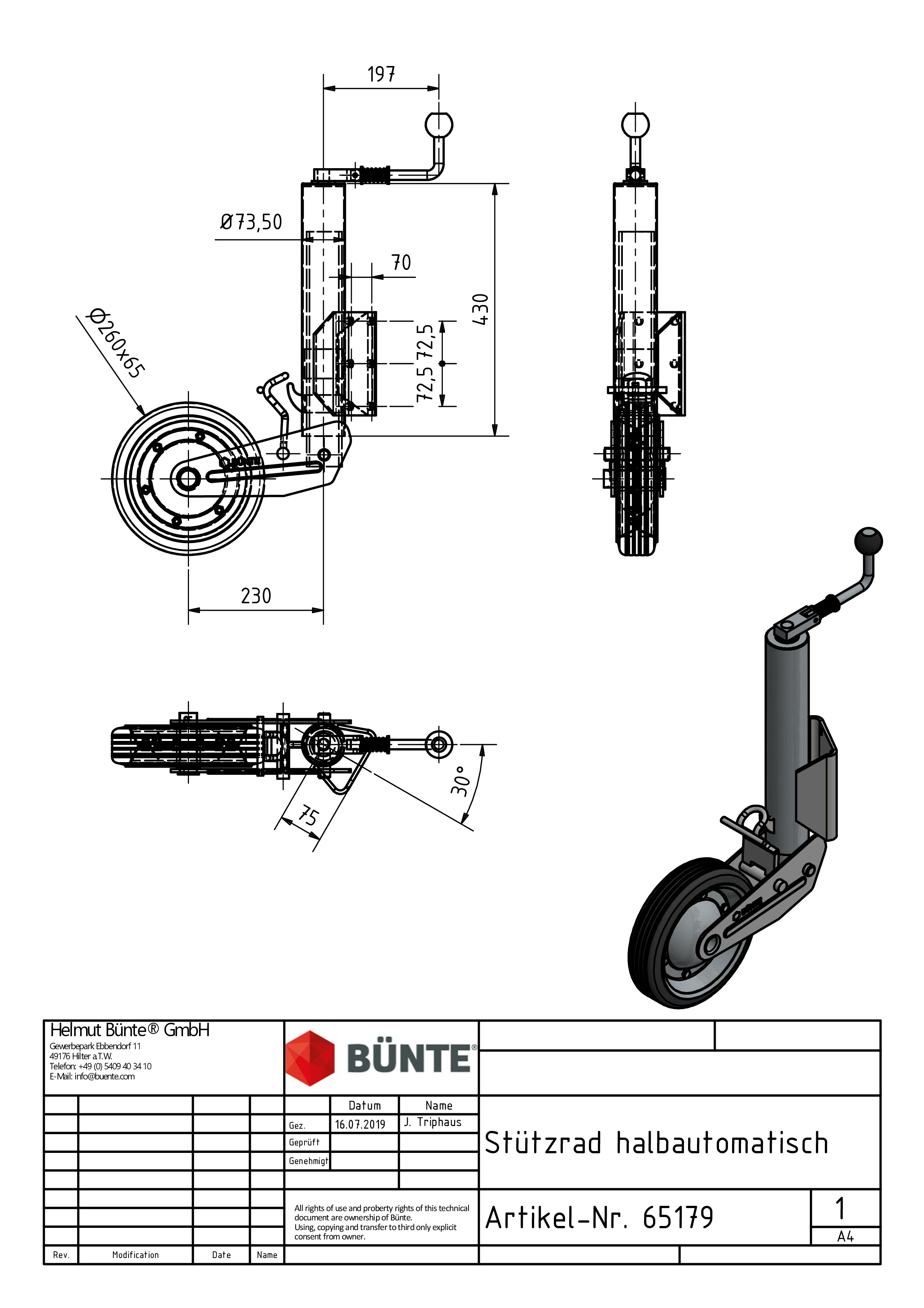 BÜNTE Steunwiel, Ø 73,5 mm, 260 x 65 mm, 800 kg