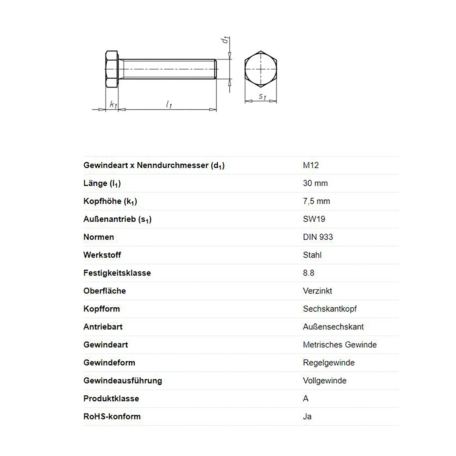 Sechskantschraube, M12 x 30 mm, Schlüsselweite 19