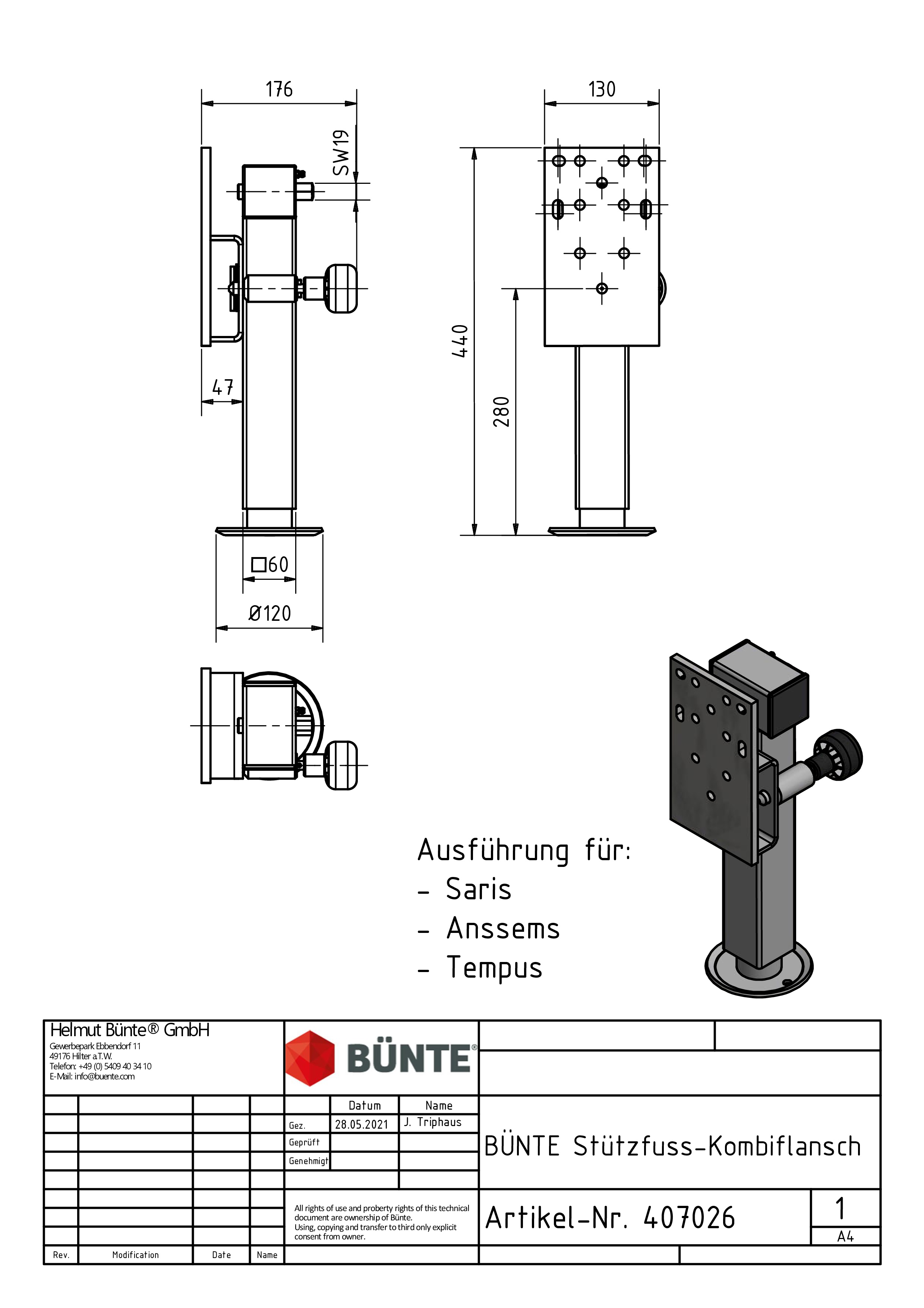 BÜNTE Stützfuß, schwenkbar, Vkt. 60 x 440 mm