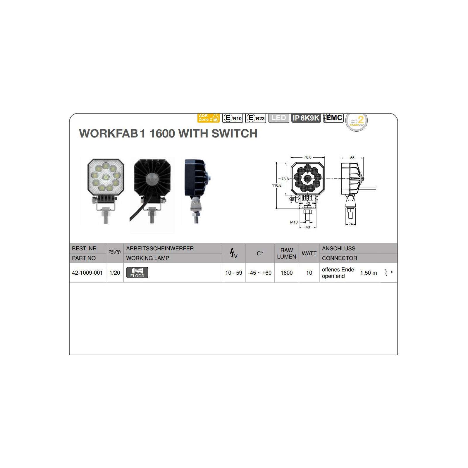 FABRILCAR LED Werklamp, 1600 F, met schakelaar