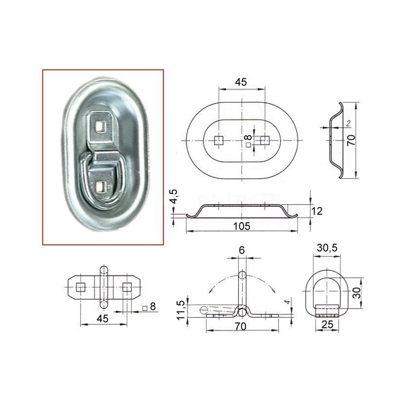 Zurrmulde, oval, 70 x 103 x 20 mm, m. Lasche/Ring