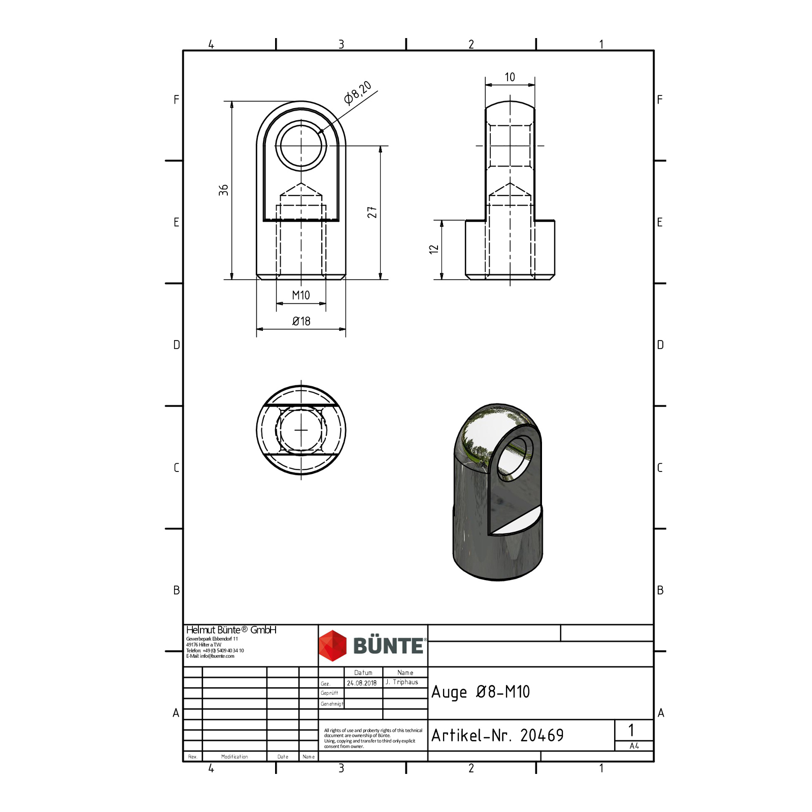 Auge m. Bund M10, Ø 8,2 mm, wirksame Länge 27 mm