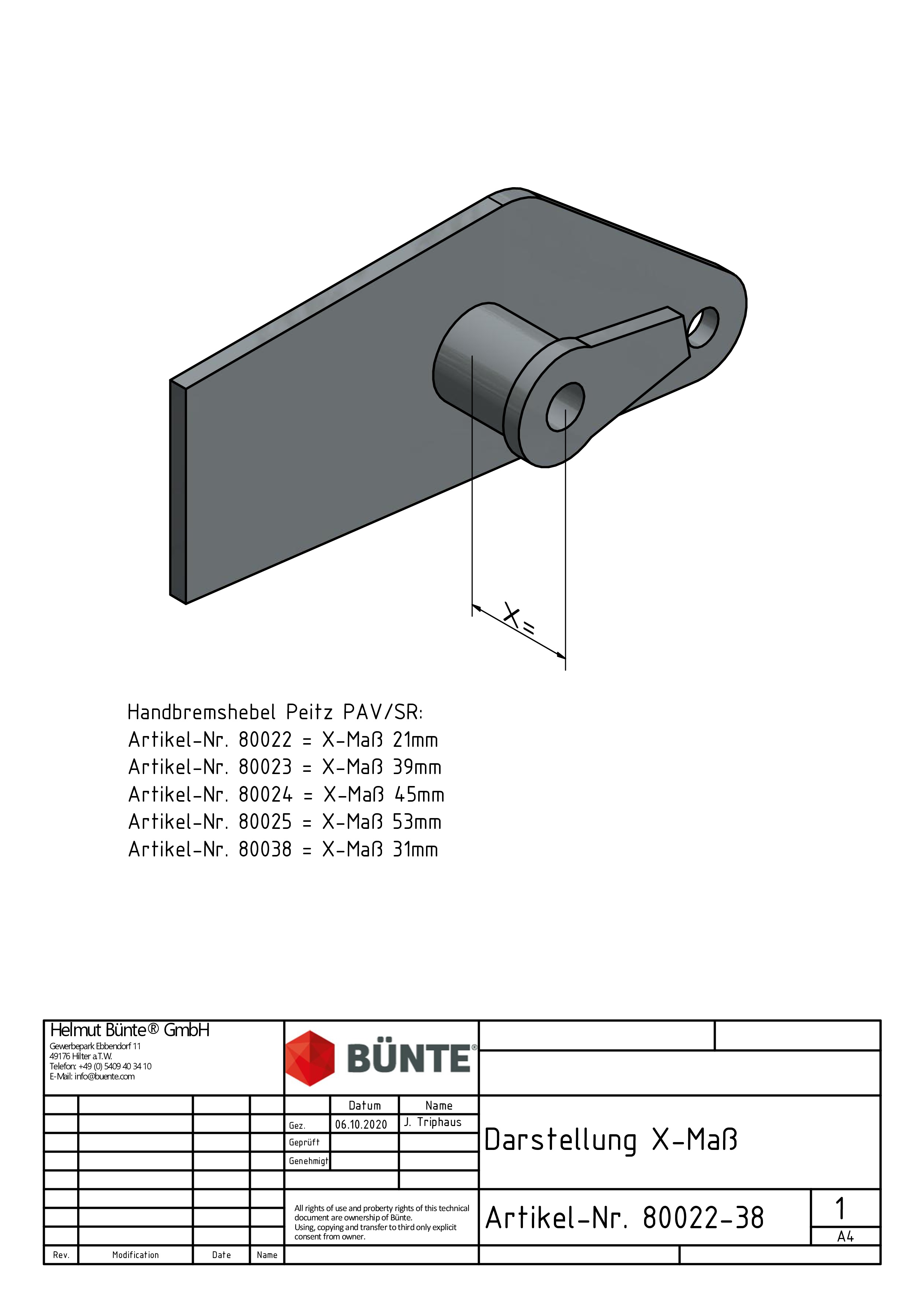 Handremhendel, voor PEITZ PAV/SR, X-maat: 45 mm