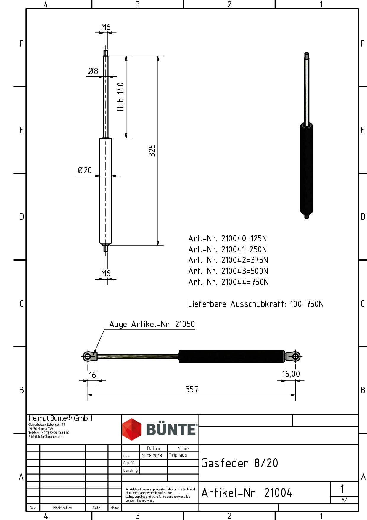 BÜNTE Gasfeder 8/19, 500 N, 325 mm, 140 mm Hub