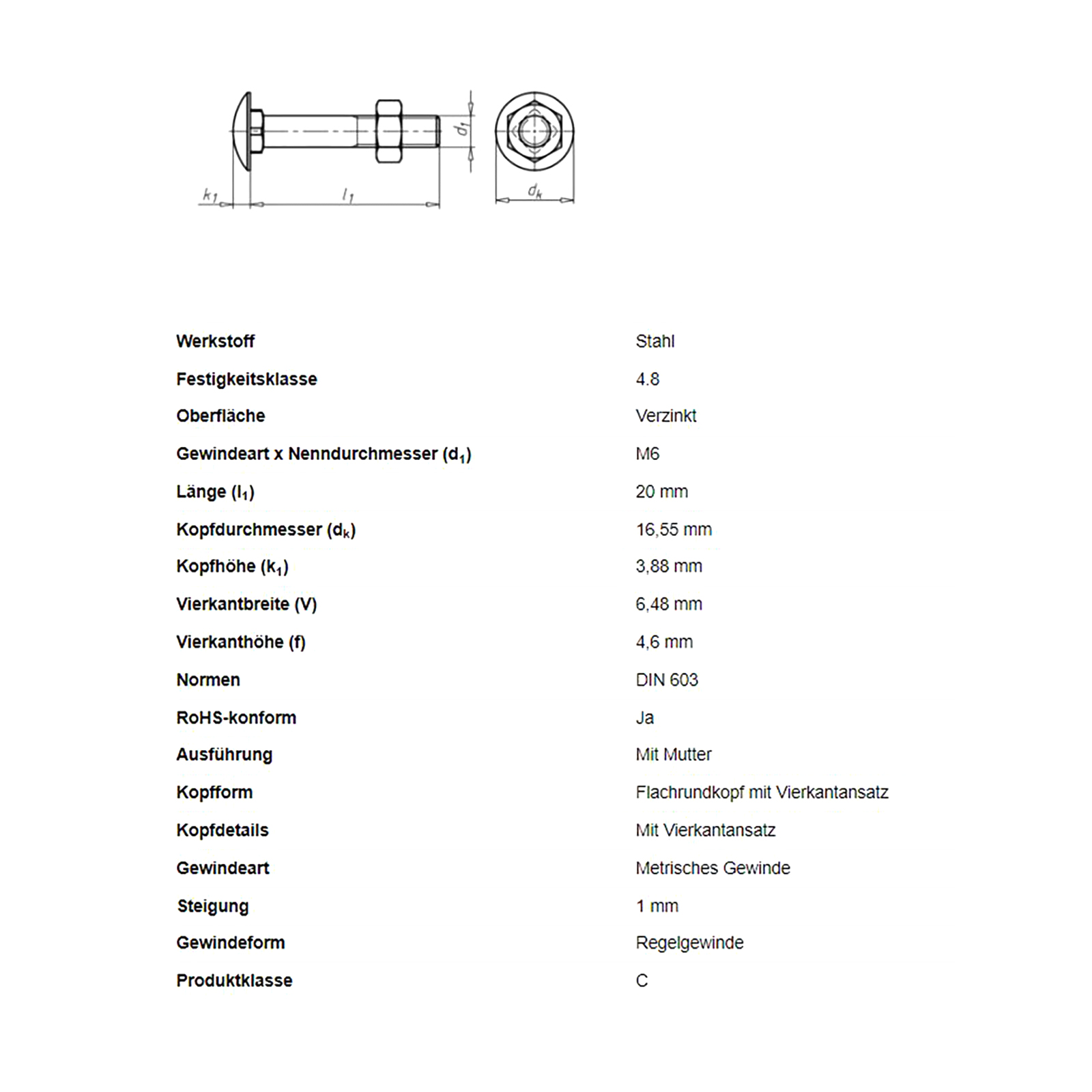 Flachrundschraube m. Vierkantansatz, M6 x 20 mm