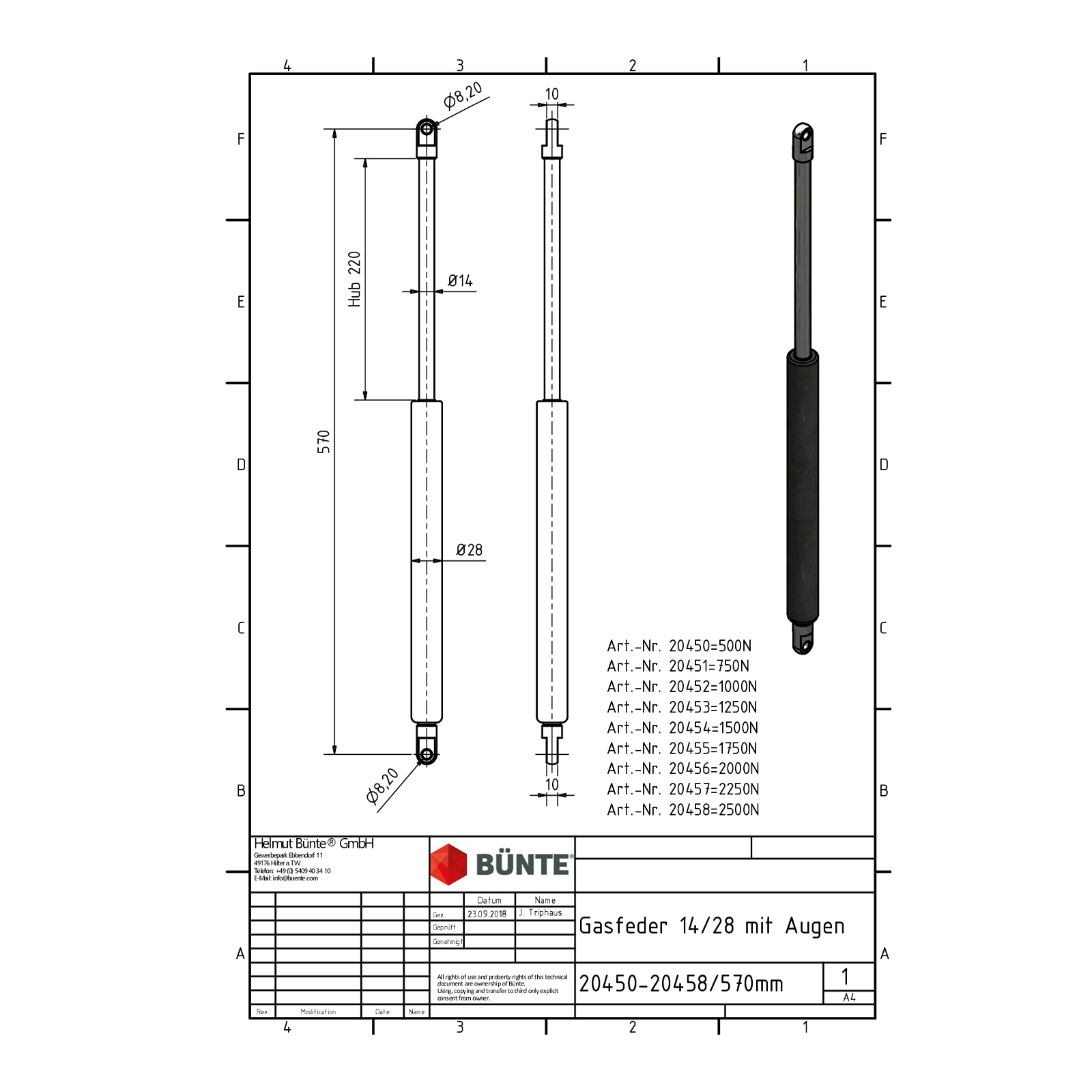 BÜNTE Gasfeder 14/28, 500 N, 570 mm, 220 mm Hub