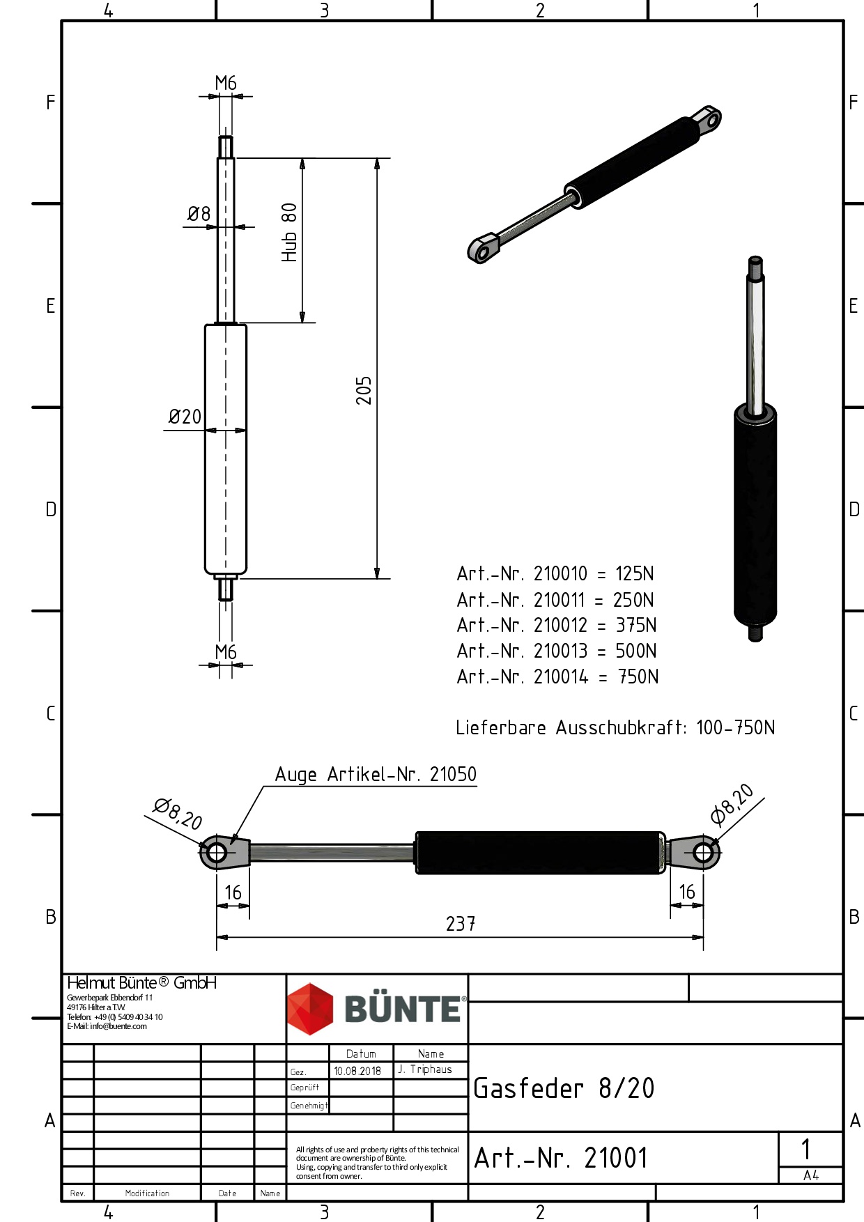 BÜNTE Gasfeder 8/19, 375 N, 205 mm, 80 mm Hub