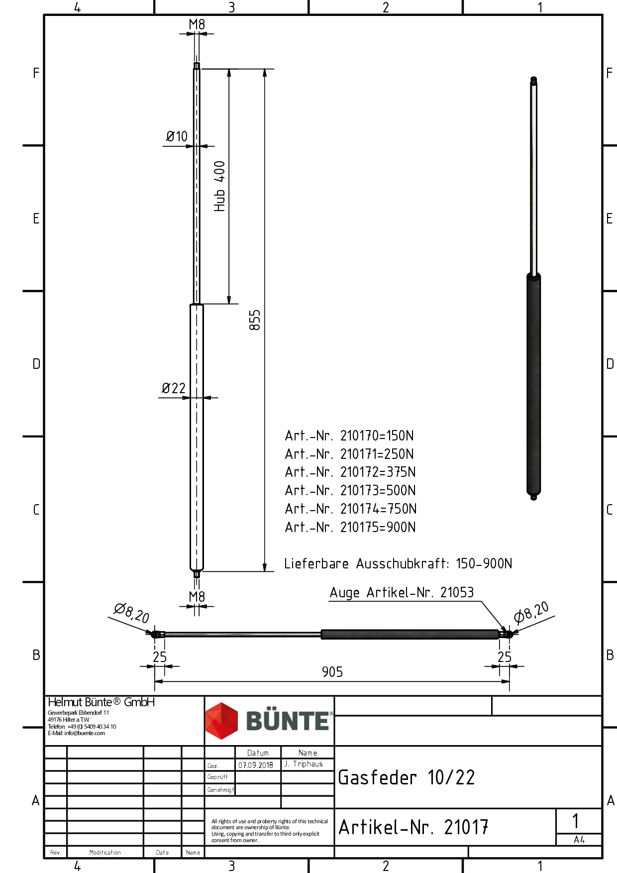 BÜNTE Gasfeder 10/22, 1000 N, 855 mm, 400 mm Hub