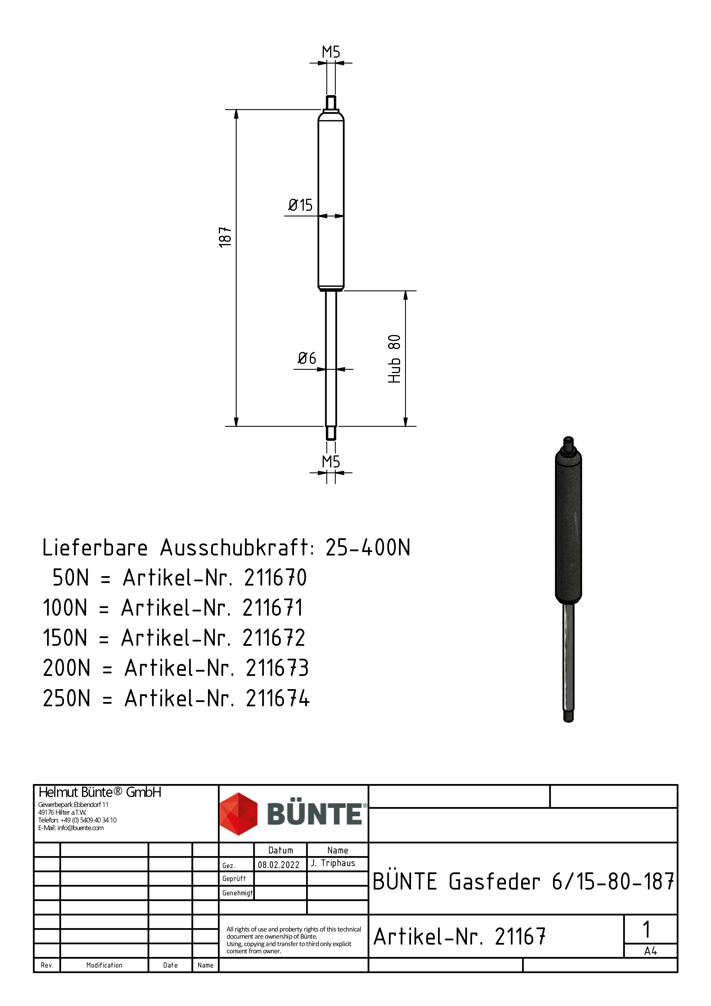 BÜNTE Gasfeder 6/15, 200 N, 187 mm, 80 mm Hub
