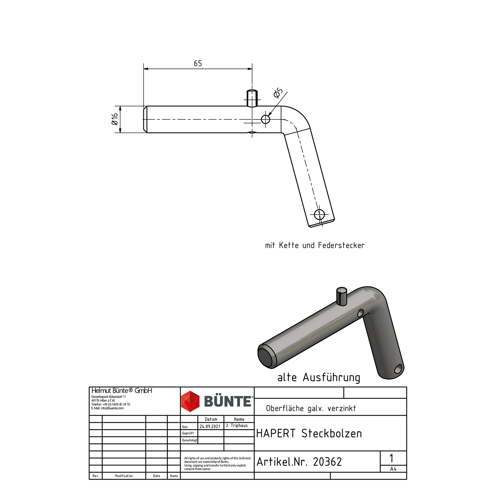 Vorsteckbolzen, Ø 16 mm, m. Kette/Federstecker