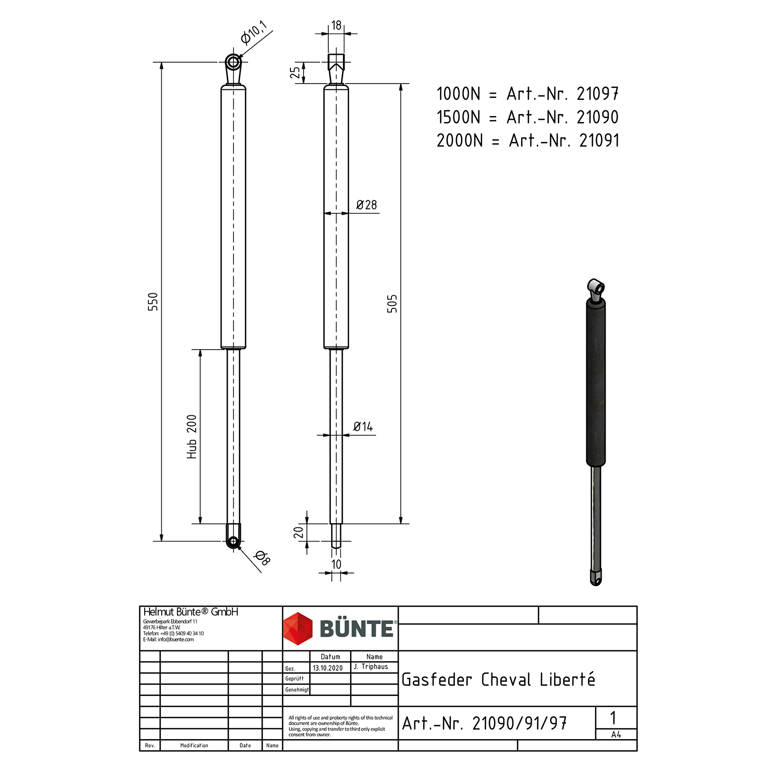 BÜNTE Gasfeder 14/28, 2000 N, 550 mm, 200 mm Hub